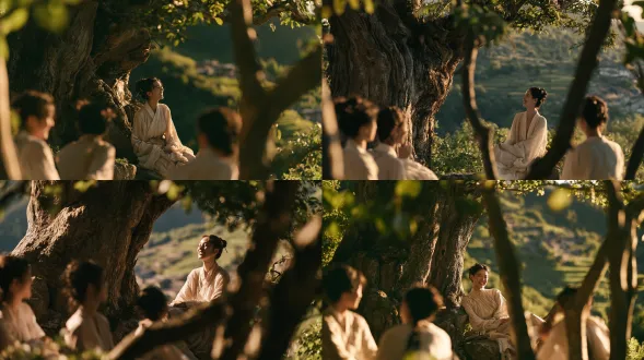 电影级写实摄影，中远景，长焦镜头，85mm，浅景深，2.35:1。多位年轻亚洲女性，古风装扮。视觉中心是一位穿浅米白色交领汉服的年轻女性，古典盘发，佩戴简单发簪，笑容灿烂。她坐在大树下的石头上，身体微侧，正在与同伴开怀大笑。周围三位女性穿着素色古装，环绕着她，处于前景和背景虚化中。场景在户外山野，一棵巨大的古树（树干粗壮、纹理沧桑）占据画面左侧。背景是连绵的绿色山丘、梯田和传统村落。前景有虚化的树叶和树干作为框架构图。黄金时刻侧逆光，暖金色阳光，头发和衣服边缘有轮廓光，斑驳光影。暖金色、大地色、暗绿色调，低饱和度，复古胶片感。古风剧照风格，35mm胶片，粗糙古树皮纹理，轻盈汉服面料，真实皮肤质感。宁静、欢乐、惬意、岁月静好、田园诗意。4k，高细节，hdr，轻微胶片颗粒。负面：模糊、畸变、多余肢体、水印、文字、低分辨率、过曝、塑料皮肤、ai感、现代物品。一致性：固定种子，角色lora，controlnet控制姿态与构图，参考图锁定服装与光影。