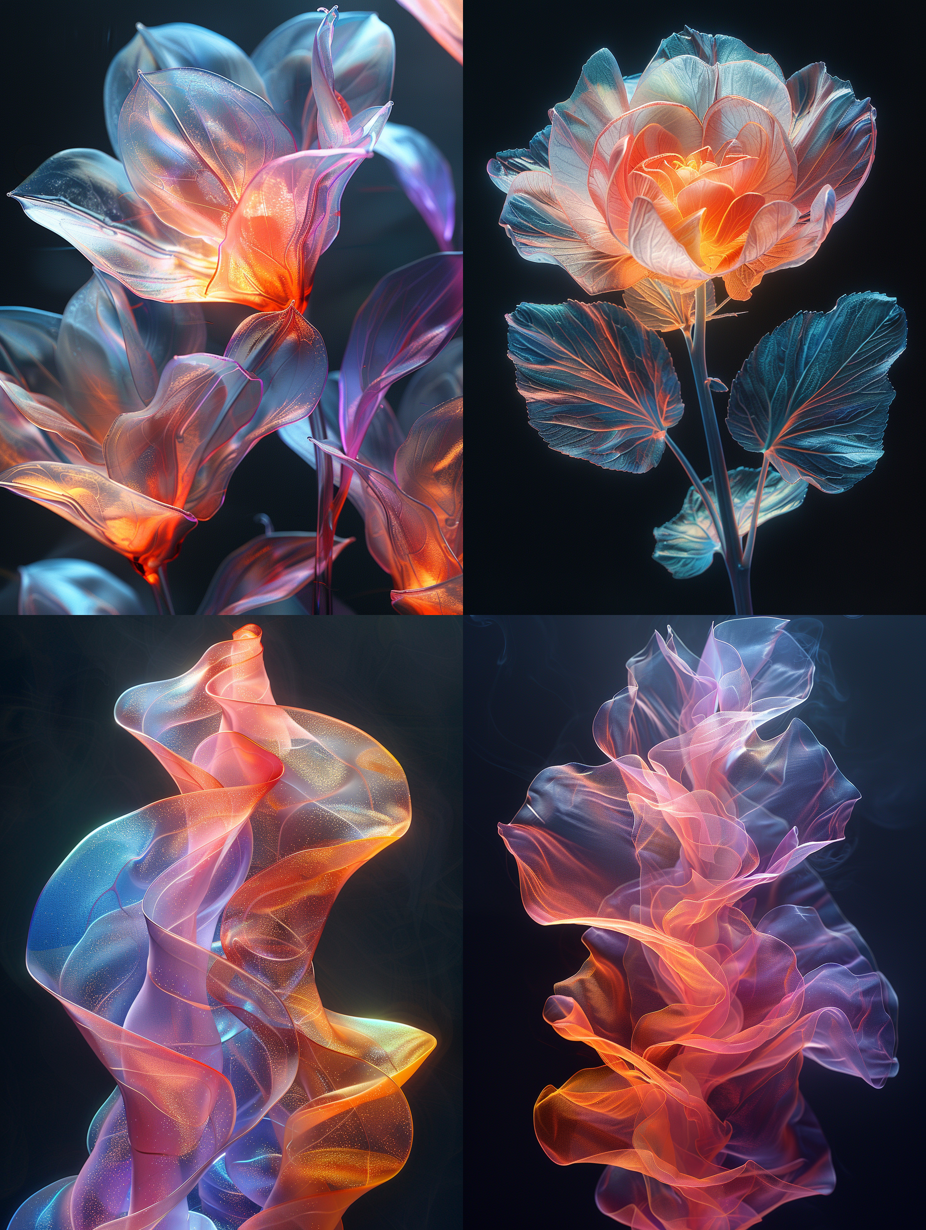 prompt: cellophane iridescent thermal sprout, inky black background, glowing, hyperrealism, sheen, dynamic, aesthetic form