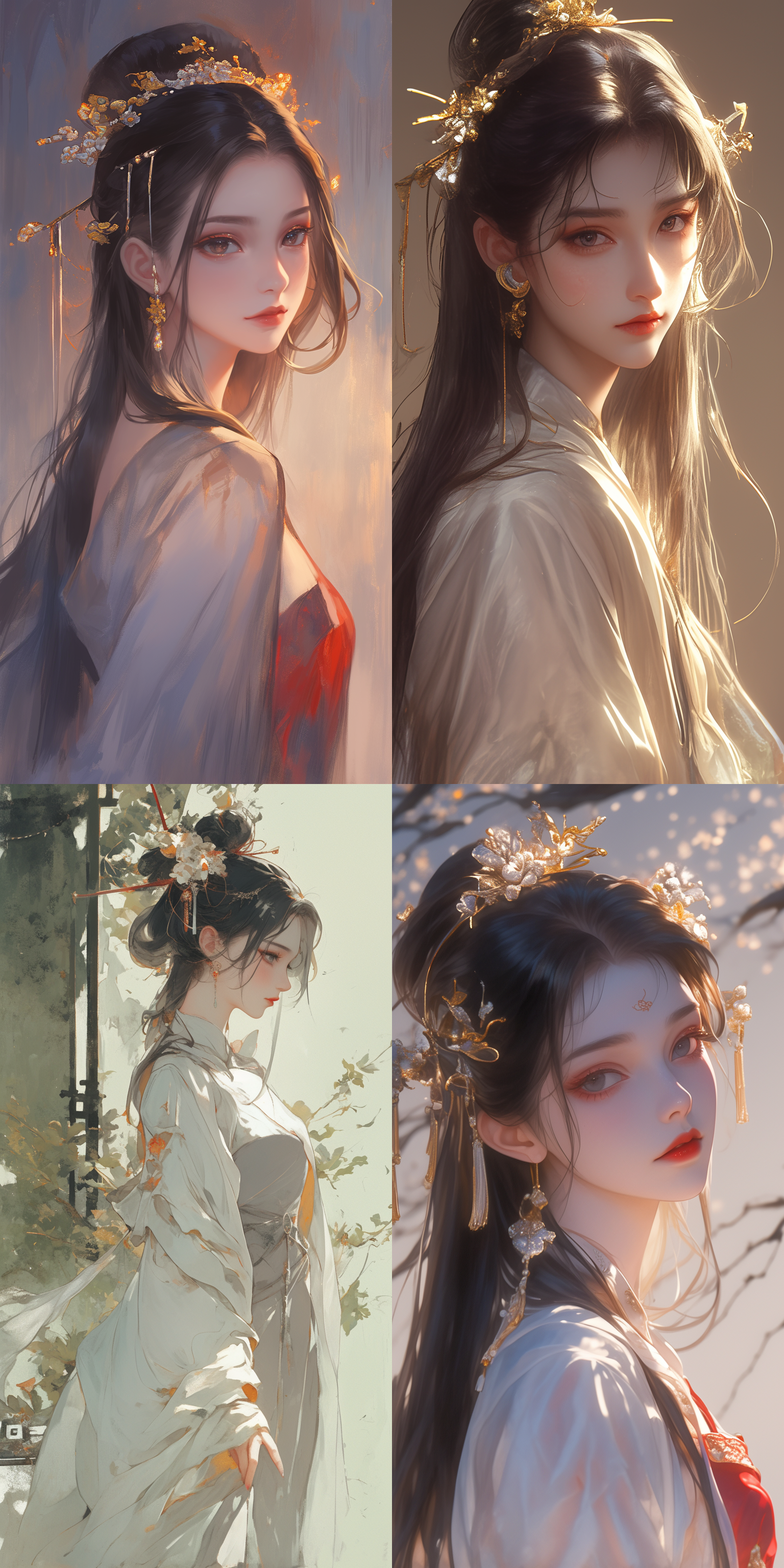 亚洲女士，精致细腻外貌，呆板表情，细眉，双眼皮，长黑发，黑色光芒眼，薄唇丰满，哪吒发饰，灰色汉服，粗布麻衣，亚洲人，步行，宫殿式建筑，中景，自然光，细腻肖像，传统服饰，宫廷风格，中距离，柔和光线，静态，文化特色，优雅，神秘。