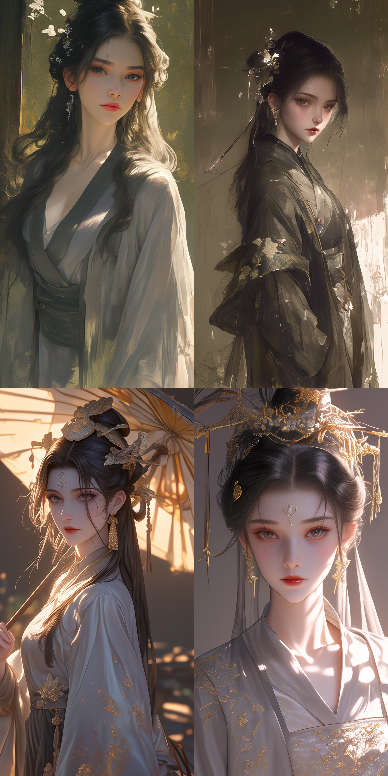 亚洲女士，精致细腻外貌，呆板表情，细眉，双眼皮，长黑发，黑色光芒眼，薄唇丰满，哪吒发饰，灰色汉服，粗布麻衣，亚洲人，步行，宫殿式建筑，中景，细腻肖像，自然光，柔和色调，中焦镜头，静态捕捉，古典风格，文化象征，神秘氛围。