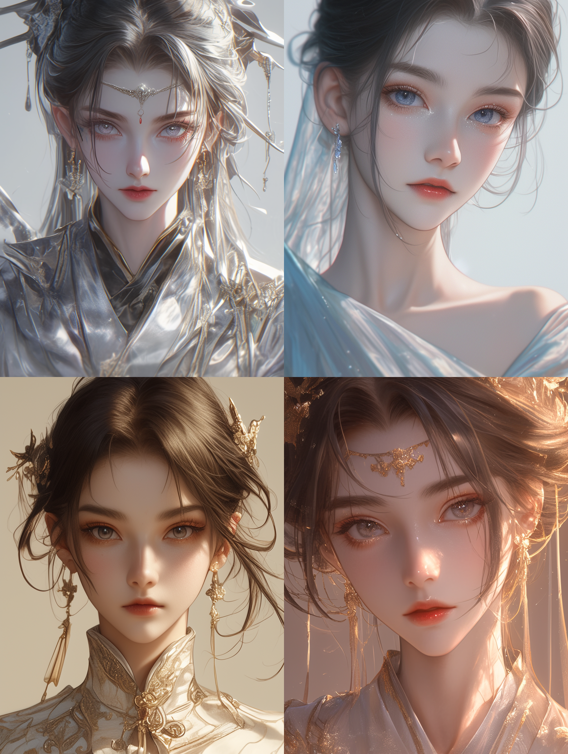 中国古代年轻女子，超级帅气，眼睛，高级精致面容，细长眉毛，长发，清冷，银白古装，薄唇饱满，线条清晰，超清画质，中性，特写镜头，古风背景，高分辨率，冷色调，自然光，静态，精致妆容，神秘感。