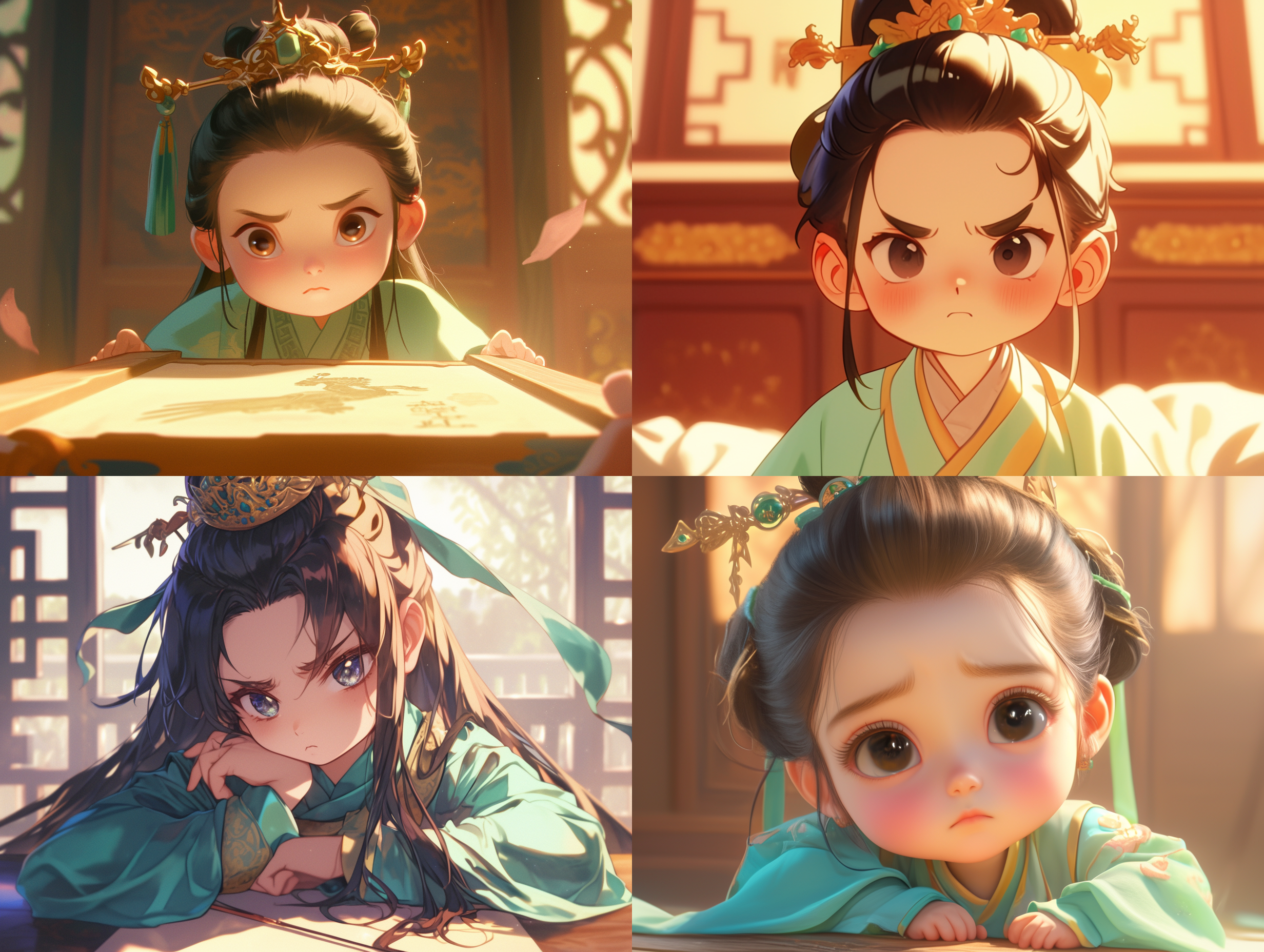 满族小男孩，8岁，可爱，精致细腻外貌，细眉，双眼皮，长黑发，黑色光芒眼，玉冠发饰，宫殿式建筑，高贵氛围，正面构图，烦躁的男孩，皱着眉头，柔和的色调，柔和而梦幻的气氛，中国艺术家动漫风格，高清细节，细腻光影，广角镜头，自然光，动态模糊，梦幻色彩，烦躁情绪。