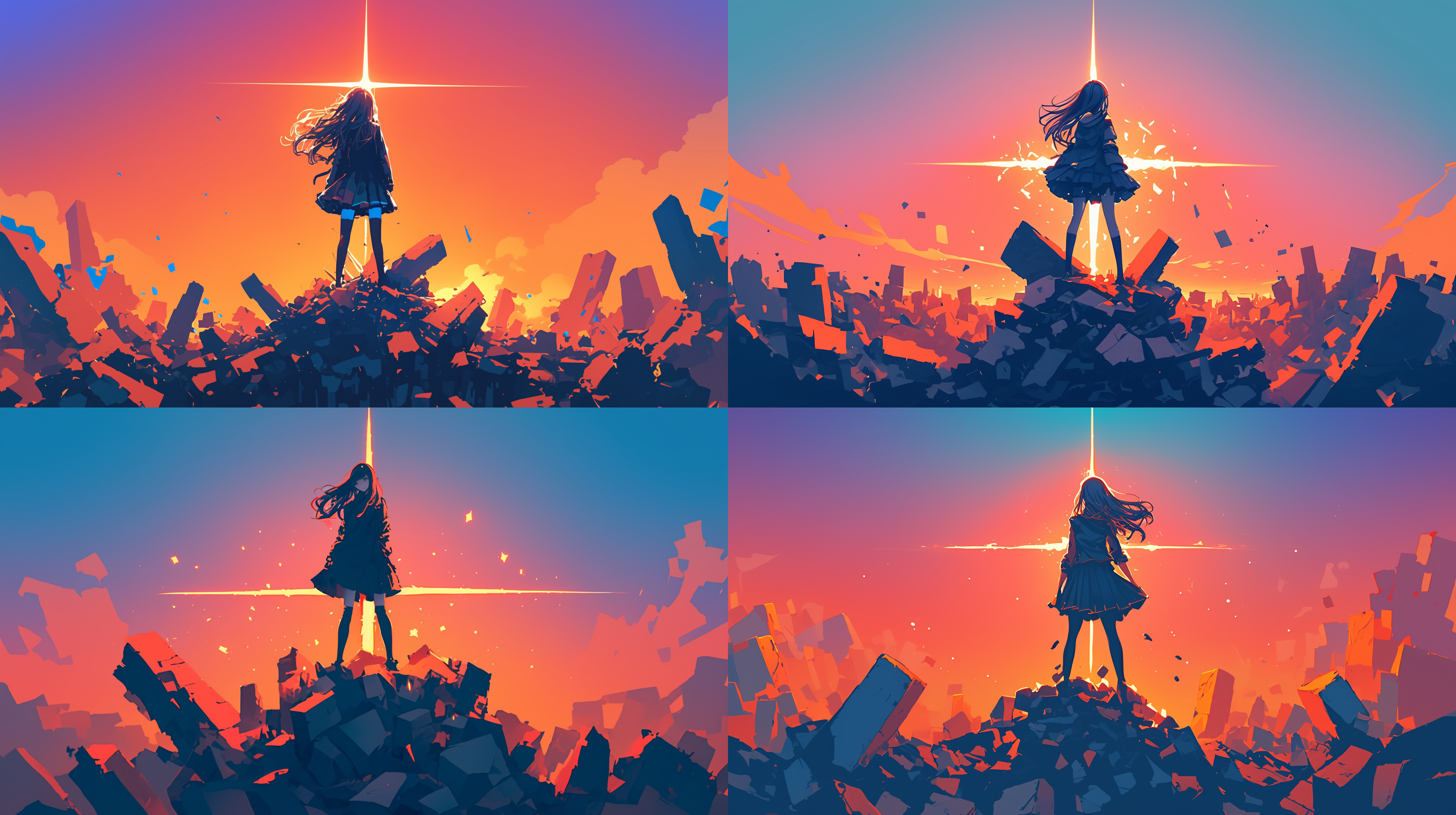 美少女俯瞰崩坏世界，二次元风格，碎片化背景，镭射放射线，璀璨星光点缀，高品质高分辨率，超细节呈现。对角线构图，广角镜头，高动态范围，夜景，冷暖色调对比，逆光，慢快门，梦幻，神秘。