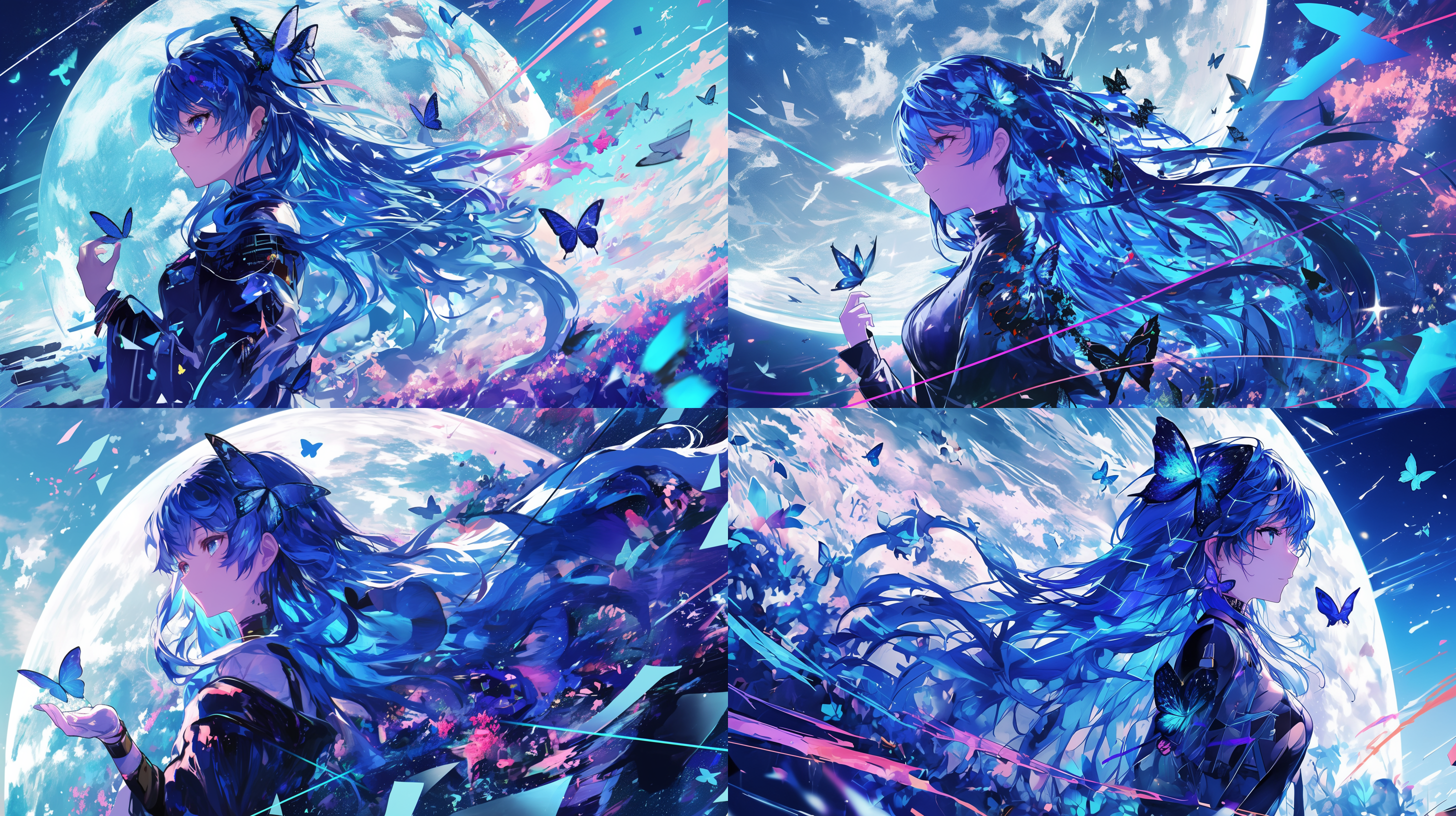 飘逸波浪长发的美少女俯瞰整个世界，二次元，紧身衣，金属材质，反射光，梦幻世界，蝴蝶，碎片化，镭射翅膀，多边形网格，放射线，璀璨星光，冷色调，远拍镜头，高品质，高分辨率，超复杂细节。