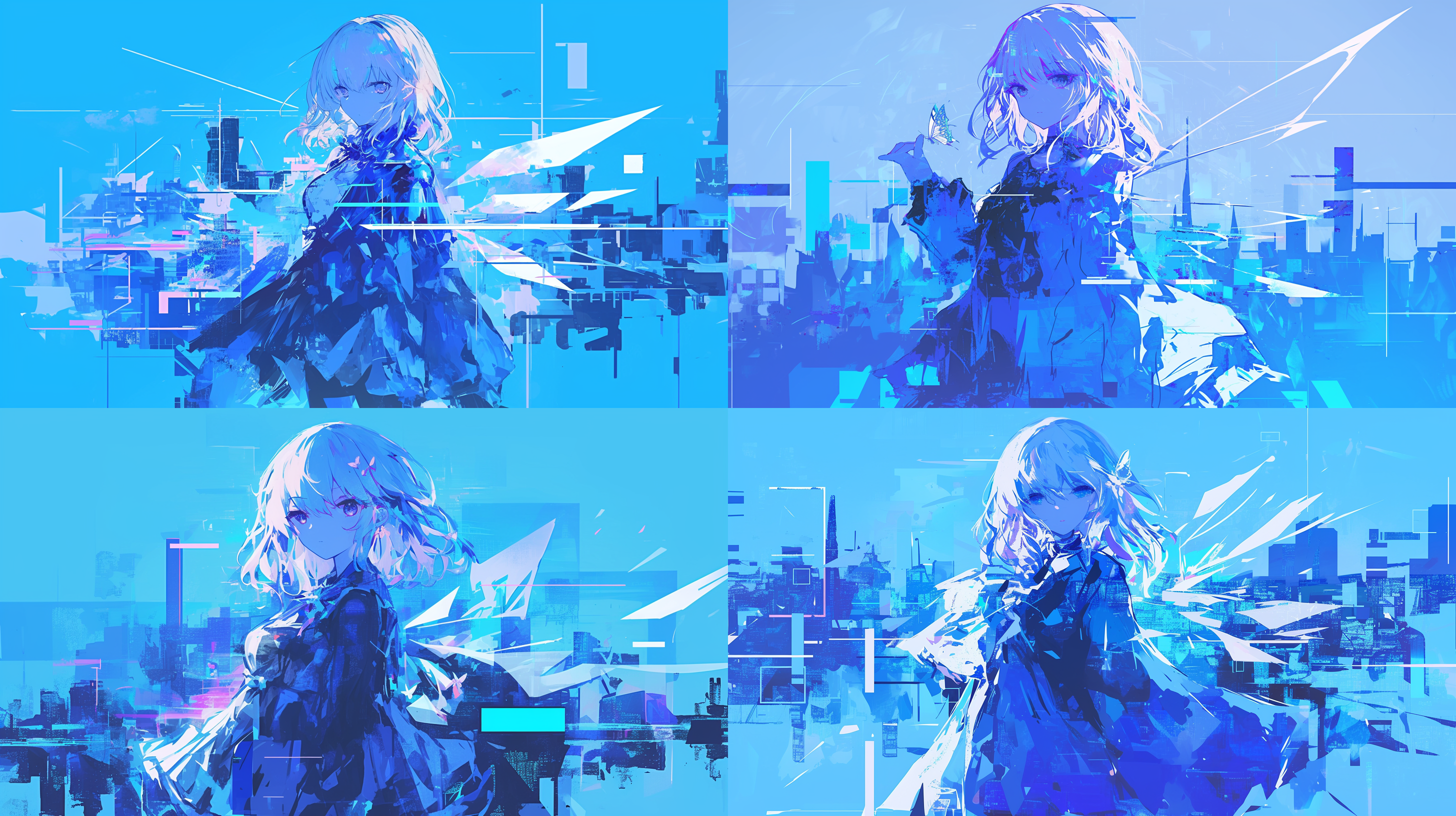 飘逸波浪长发的美少女俯瞰整个世界，二次元，紧身衣，金属材质，反射光，梦幻世界，蝴蝶，碎片化，镭射翅膀，多边形网格，放射线，璀璨星光，冷色调，远拍镜头，高品质，高分辨率，超复杂细节，