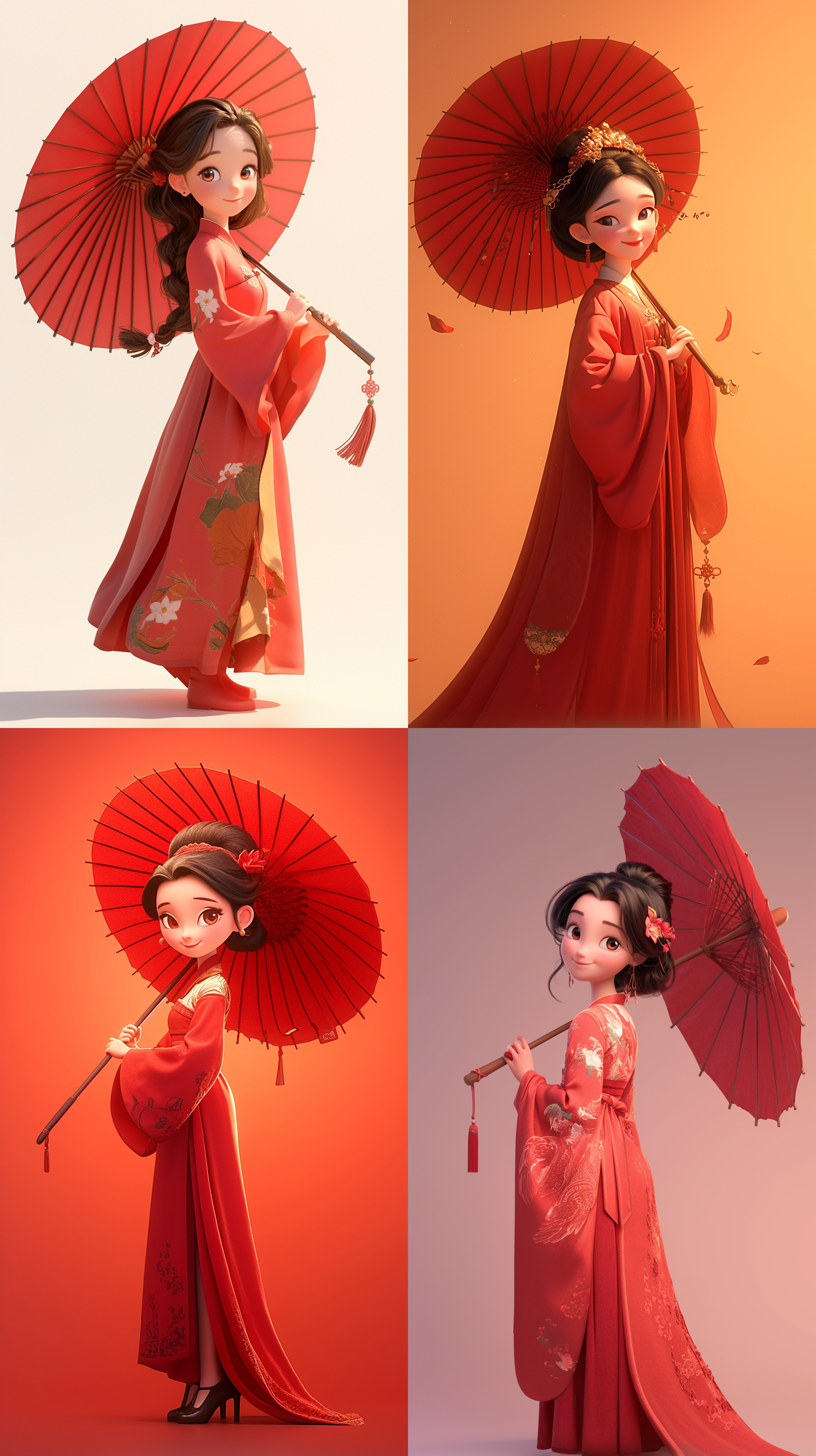 中国女孩穿汉服，微笑，红色精致长裙，手持红纸伞，全身照，简洁背景，3d光滑卡通风格，迪士尼皮克斯动画风格，3:4比例，niji 6风格，红色调，温馨表情，细腻纹理，柔和光线，优雅姿态，传统与现代融合。