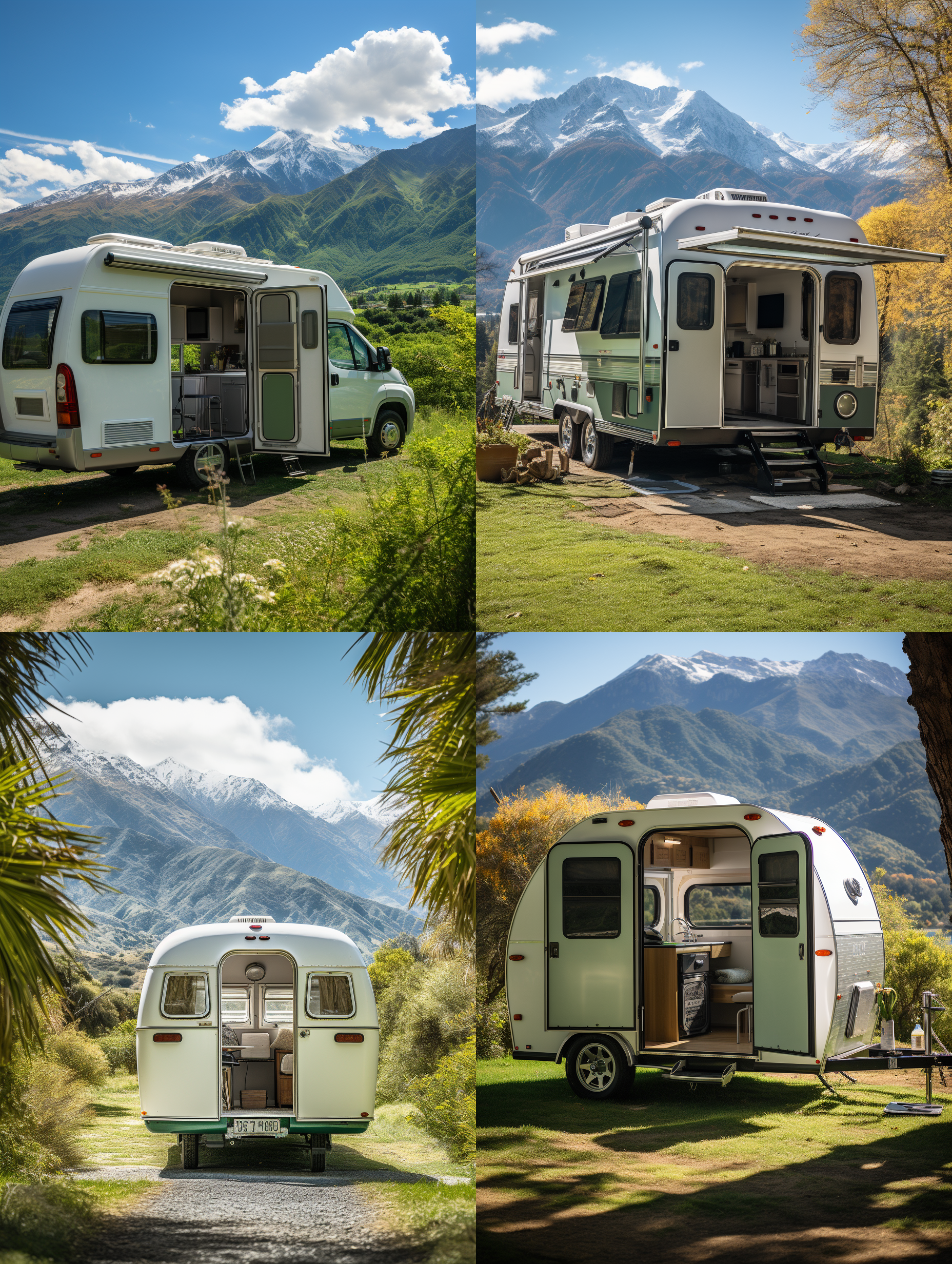 房车门敞开，白色房车停在草地上，近景，周围树木环绕，远处山脉隐约可见。构图以房车为中心，草地和树木形成自然背景，山脉增添远景层次感。风格自然清新，色彩以绿色和白色为主，营造宁静氛围。仿佛主人刚离开，增添生活气息。近景,自然环境,房车,草地,树木,山脉,宁静,清新,绿色,白色,自然光,生活气息,层次感。