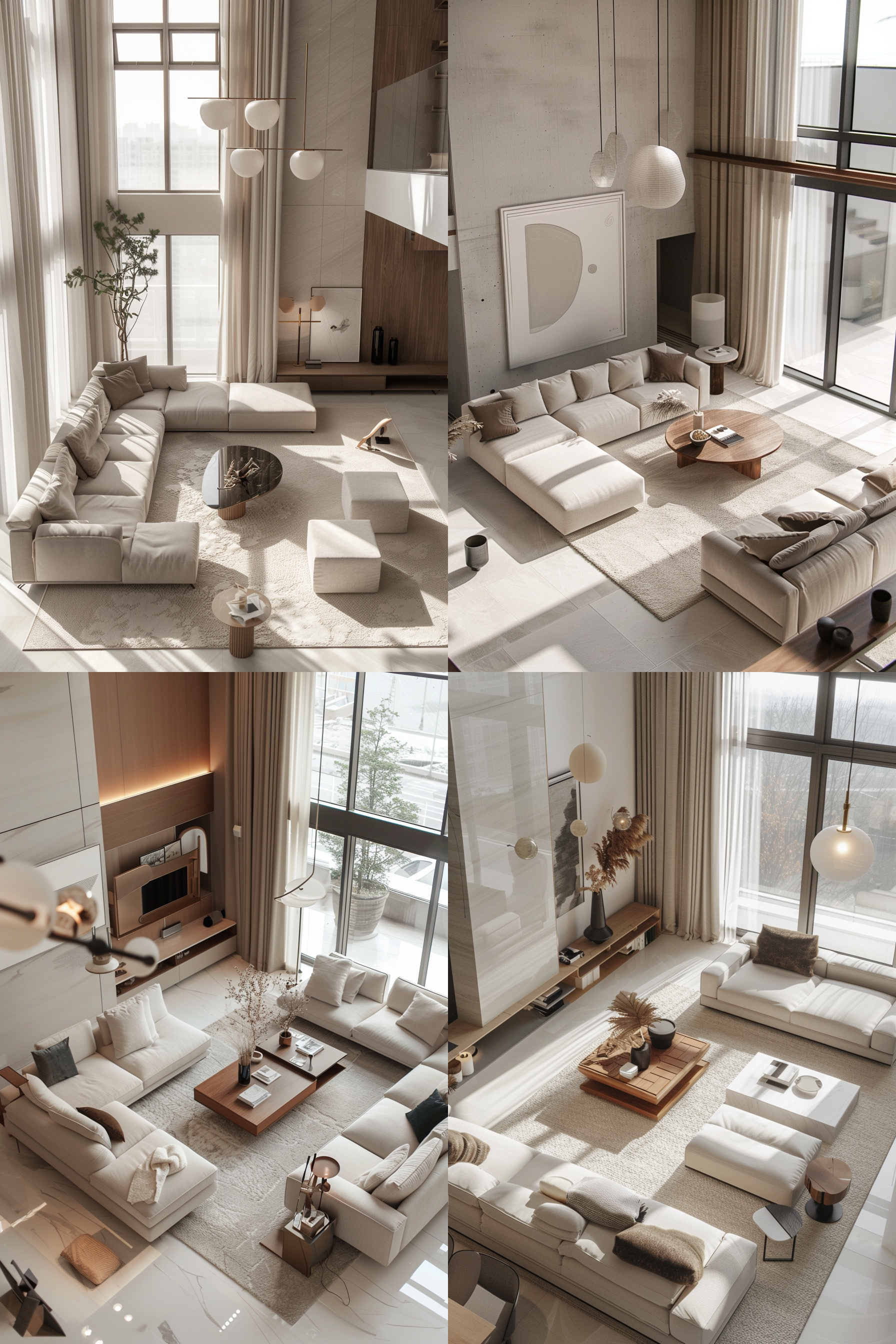 现代简约客厅，自然光线，柔光版，隔光板，抬高相机角度，极简主义，开放空间，中性色调，大窗户，高角度，柔和光线，自然材质，舒适家具，宁静氛围，现代艺术装饰，清晰焦点，生活气息。