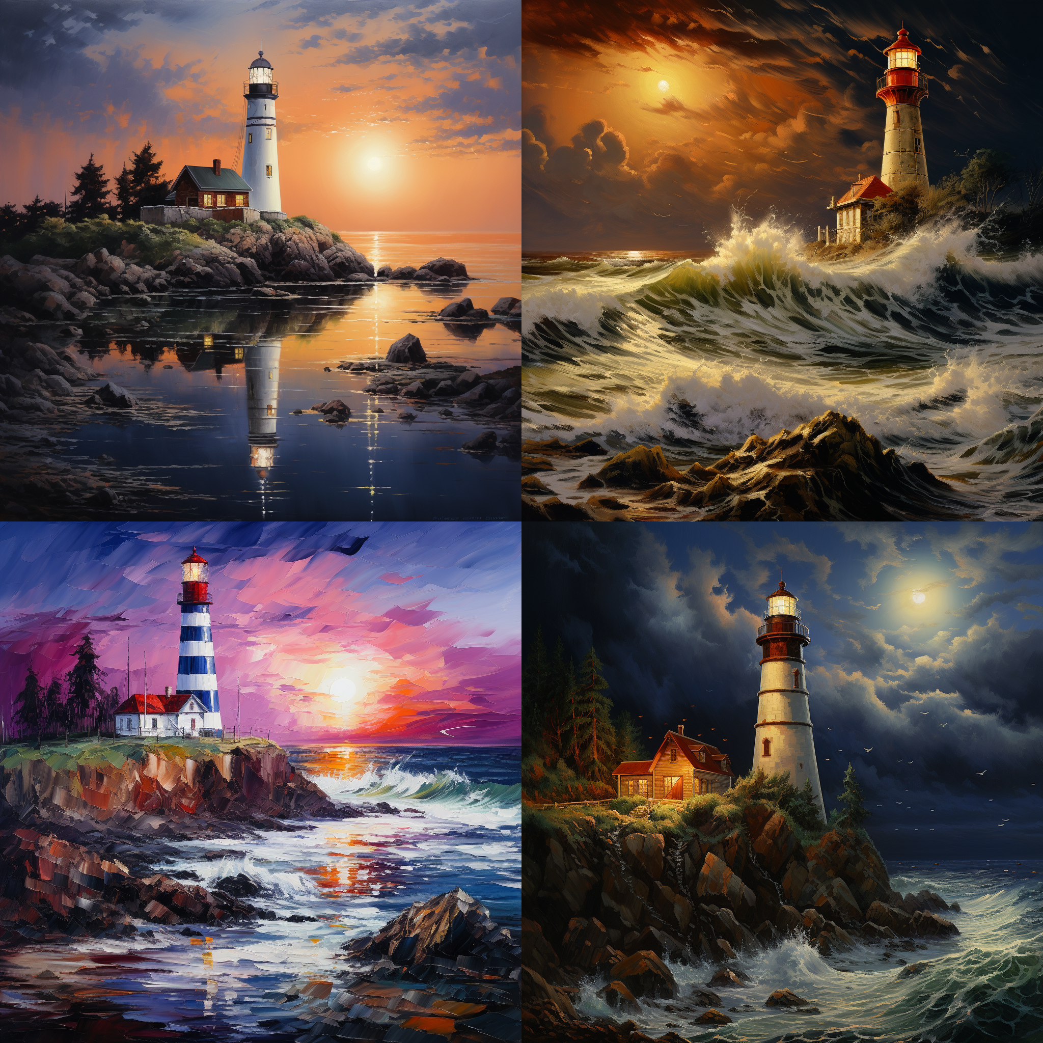 夏夜，海岸，灯塔，艺术创作，油画精品，精细绘画，视觉元素，创造出具有深度和美感的艺术作品。