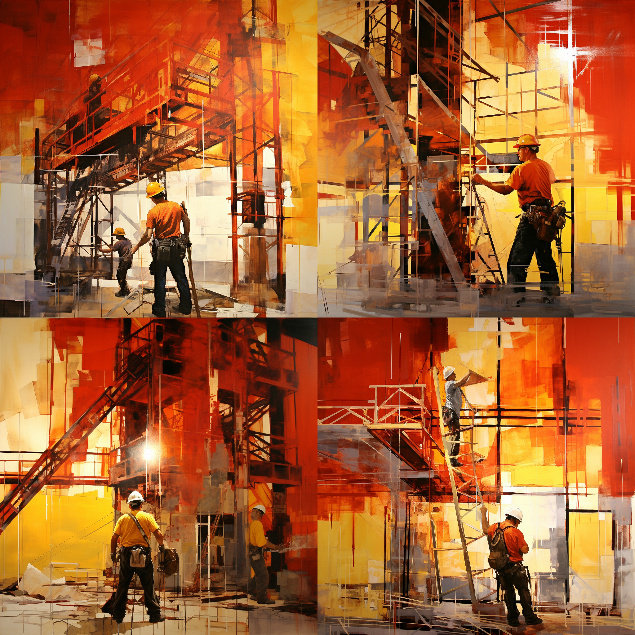 以“夏日的工地”构思绘画，背景色佛晓时刻，正在施工中的建筑，高高的塔吊，画面工人的笑脸，抽象，艺术创作，简约，布油画，精细绘画，视觉元素，创造出具有深度和美感的艺术作品。