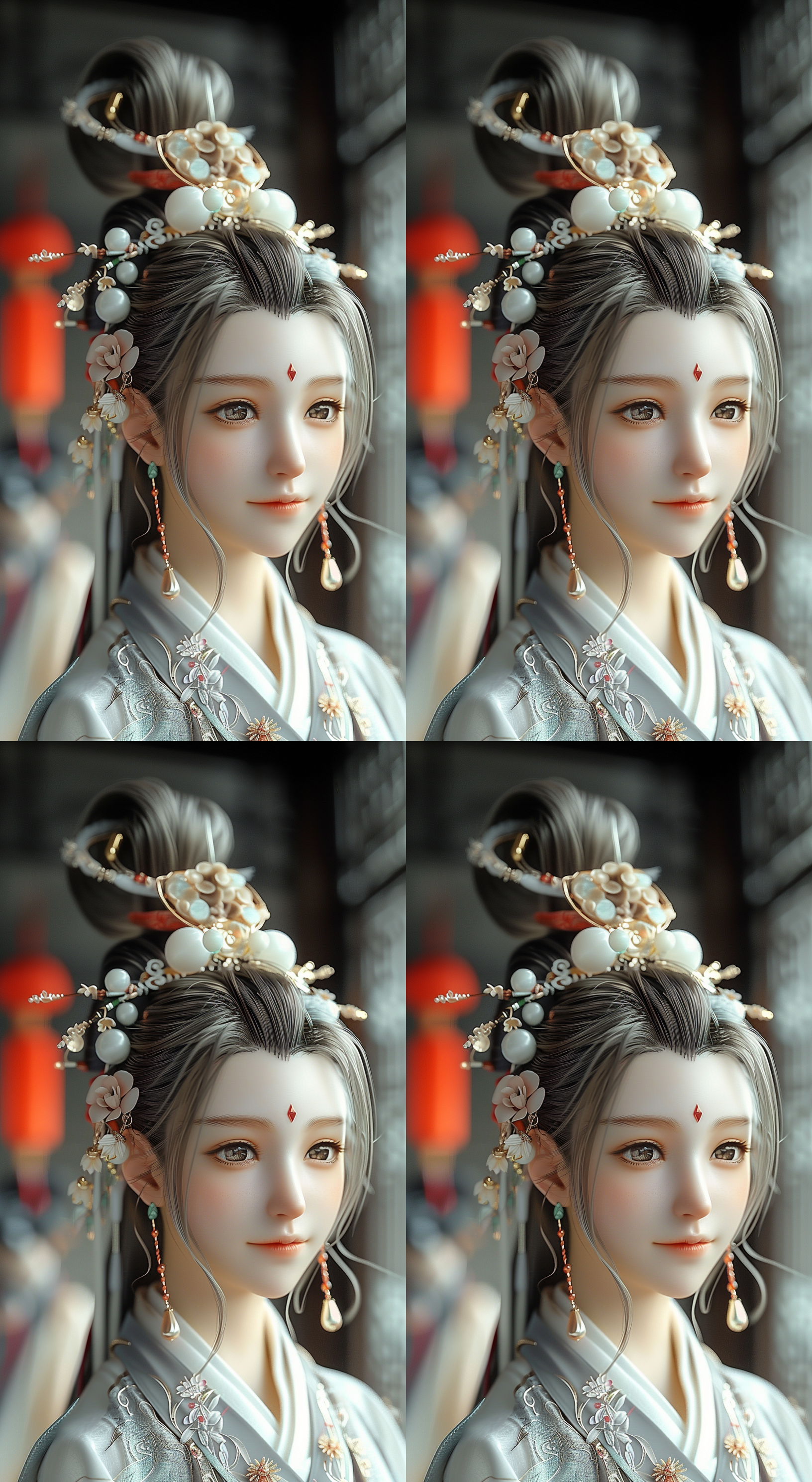 艺术玩偶，壁纸艺术，仙侠风格，艺术面容，tiktok截图，锈迹斑斑的神秘纯洁，美丽细致优雅，秋芳，纯白，王小龙，惊人细节，彩色，高度细致的盔甲，应用，特色，特写镜头，柔和光线，细腻肌肤，神秘表情，东方美学，金属质感，梦幻色彩，静谧氛围。