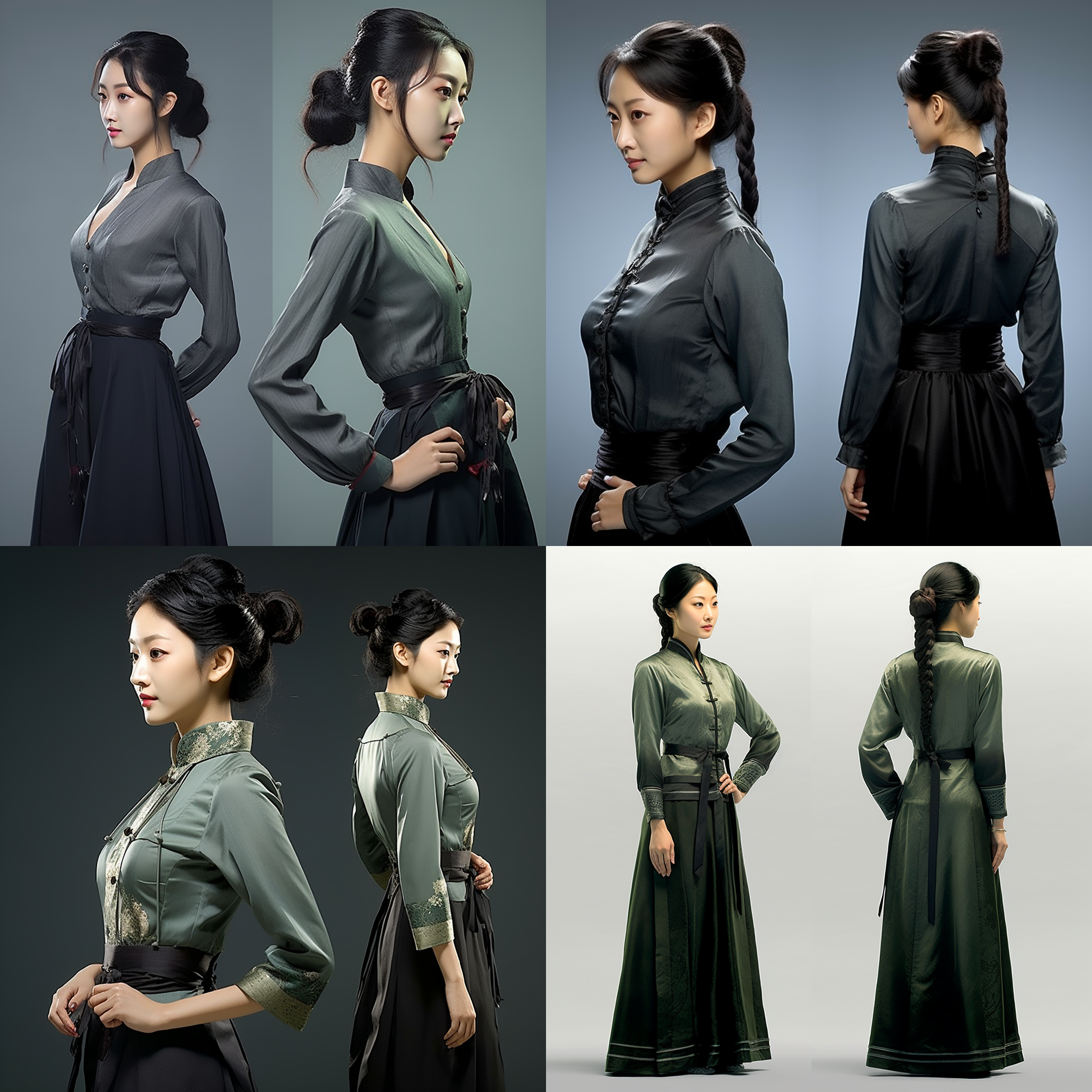 中国女性模特id，三视图，正面图、侧面，背面，胸部以上，脸部细节，高分辨率，自然光，浅景深，人像镜头，清晰轮廓，细腻肌肤，深邃眼神，优雅姿态，时尚感，冷色调，自信表情。