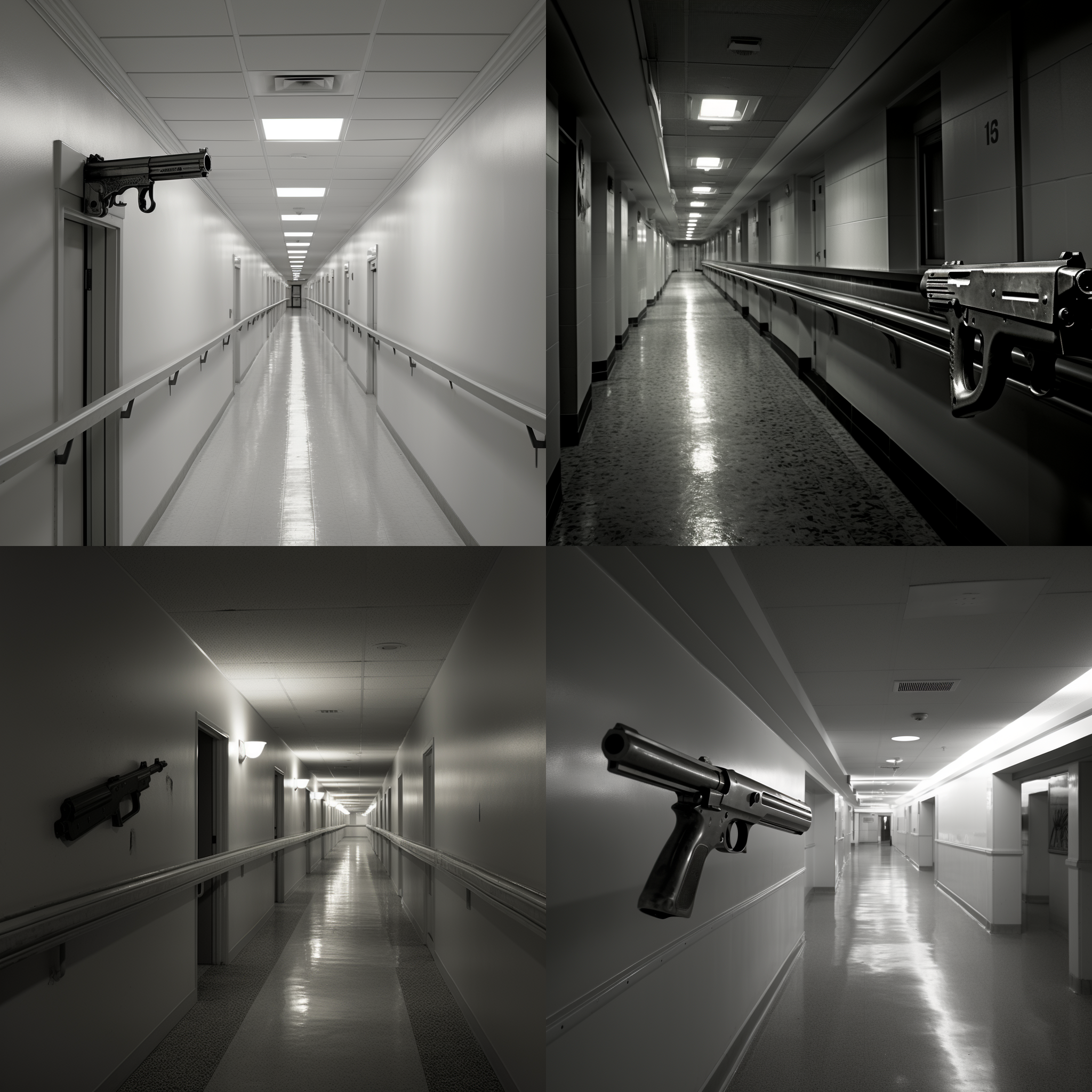 医院手枪，超现实主义，黑白摄影，医院走廊，长焦镜头，逆光，静态，神秘，紧张。