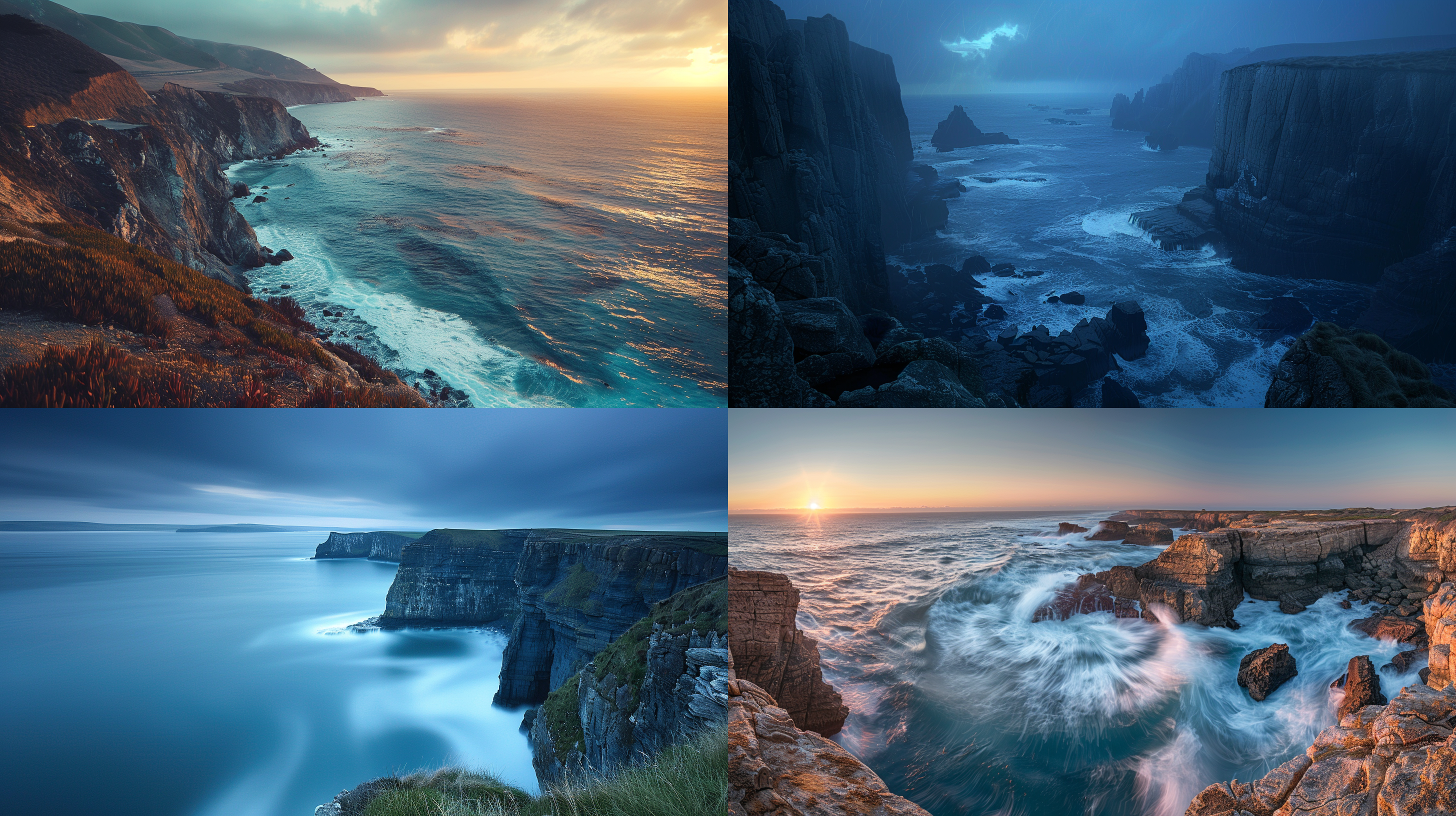 海与山崖风景壁纸，广角视野，高清细节，悬崖峭壁，波涛汹涌，自然风光，宽广视角，晨曦或黄昏，柔和光线，宁静与壮丽并存，广角镜头，高分辨率，悬崖，海浪，自然，宽视角，深蓝，晨昏，柔光，宁静，壮丽。