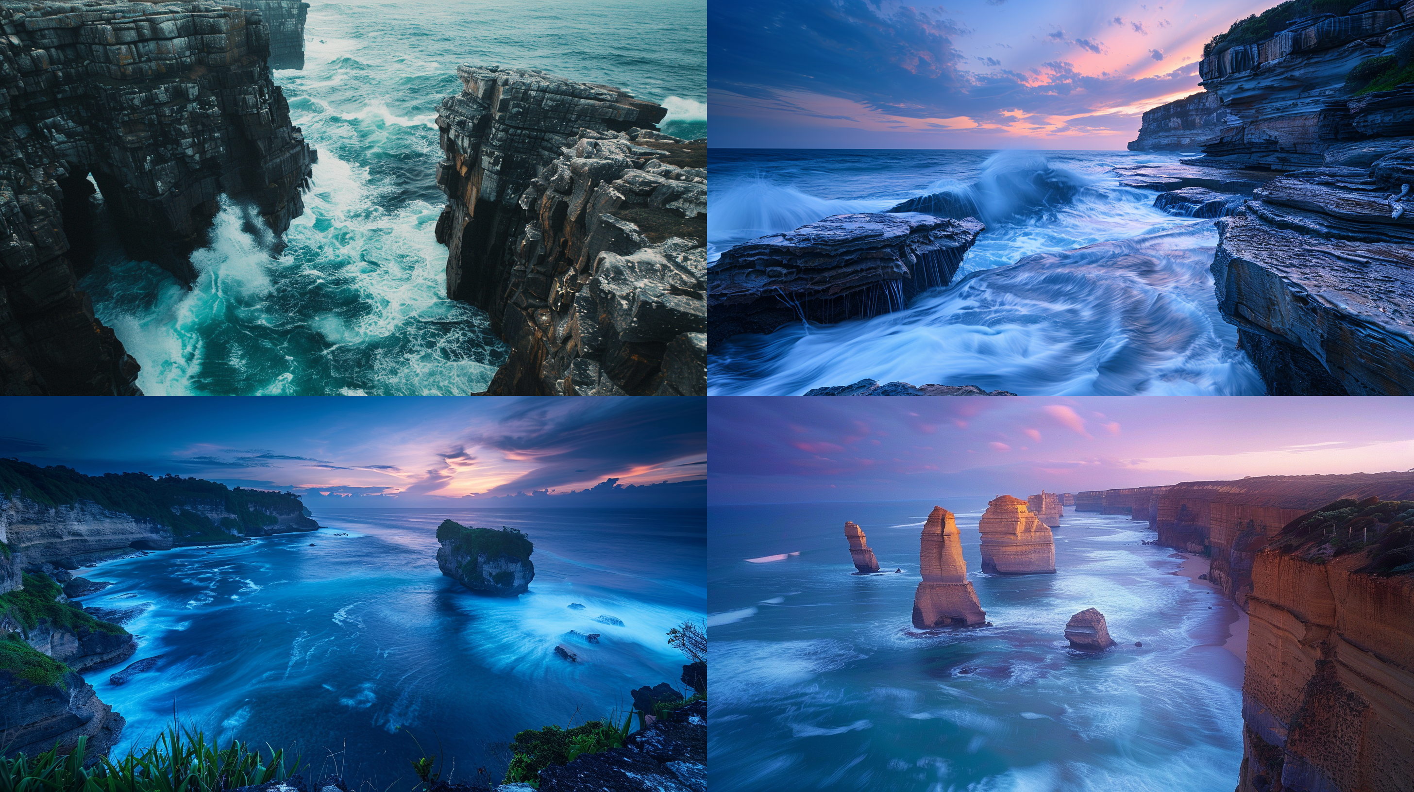 海与山崖风景壁纸，广角视野，高清细节，悬崖峭壁，波涛汹涌，自然风光，宽广视角，晨曦或黄昏，柔和光线，宁静与壮丽并存，广角镜头，高分辨率，悬崖，海浪，自然，宽视角，深蓝，晨昏，柔光，宁静，壮丽。