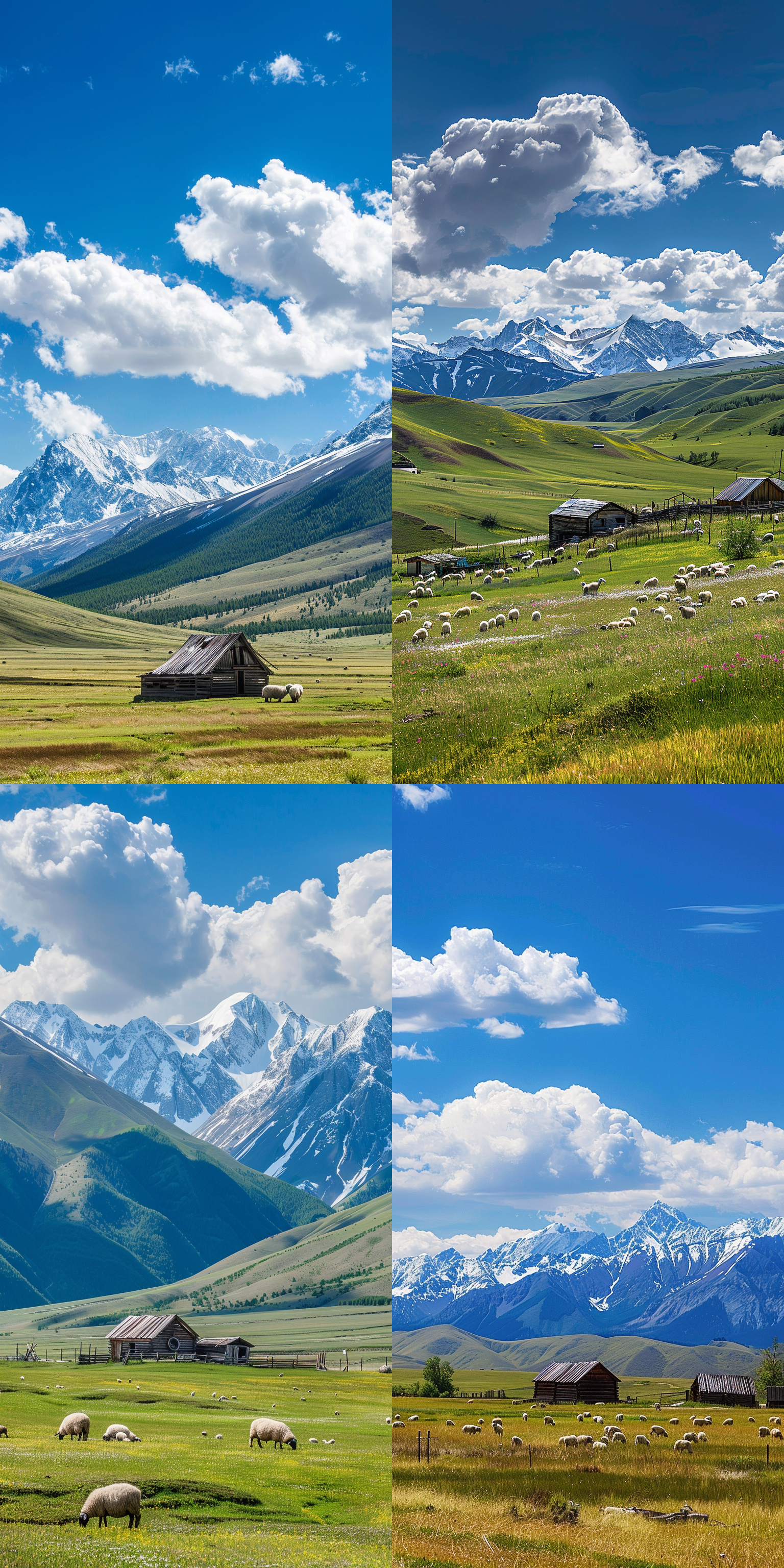 阿勒泰风光，远处雪山，近处草原蓝天白云，羊群，木屋，壮丽风光，全景，广角，自然景观，宁静，开阔视野，高分辨率，自然光线，和谐色彩，宁静氛围，生态美，风光摄影，层次感，细节丰富，自然和谐。