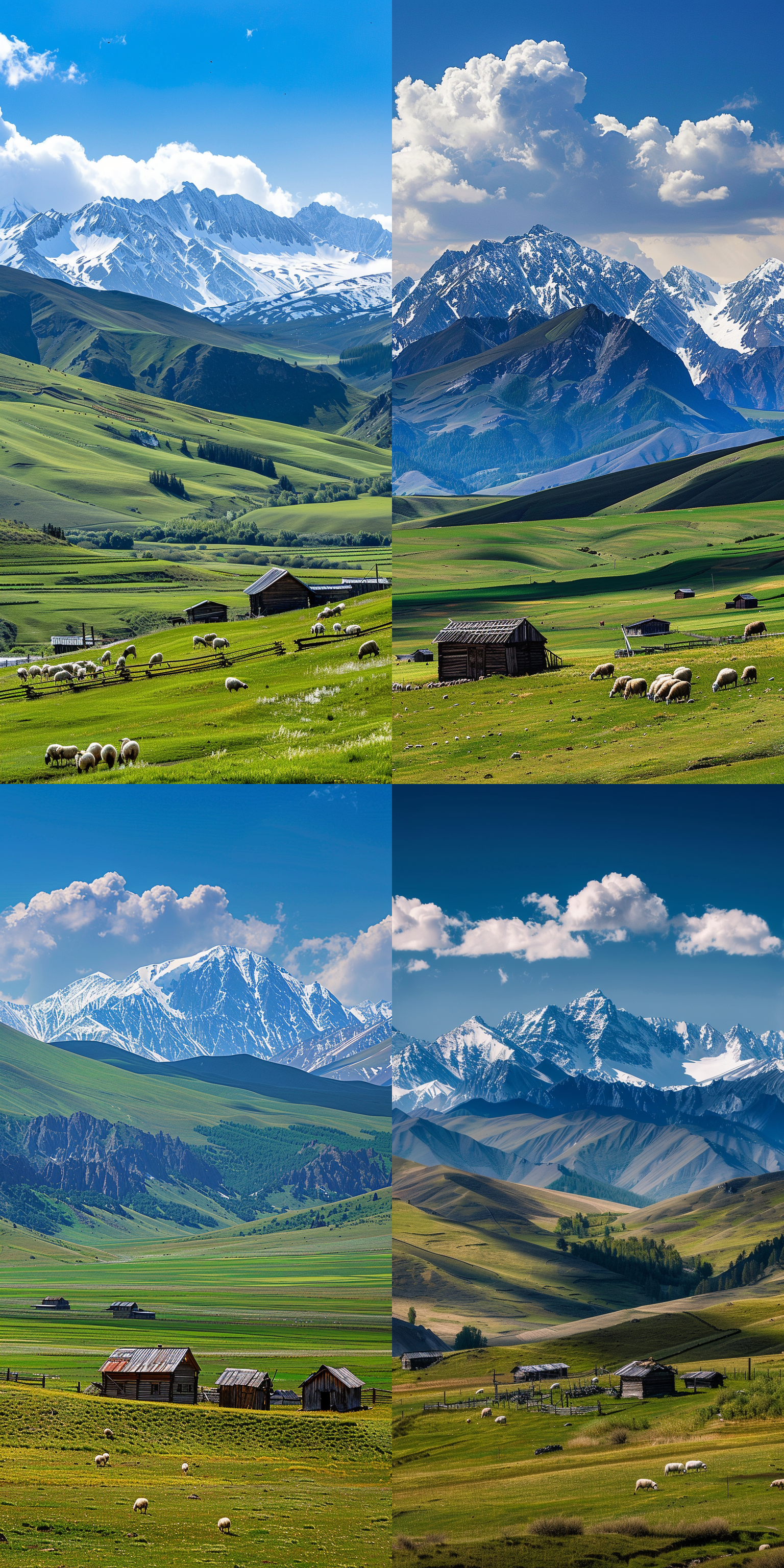 阿勒泰风光，远处雪山，近处翠绿色草原，蓝天，少量白云，羊群，木屋，壮丽风光，全景，广角，