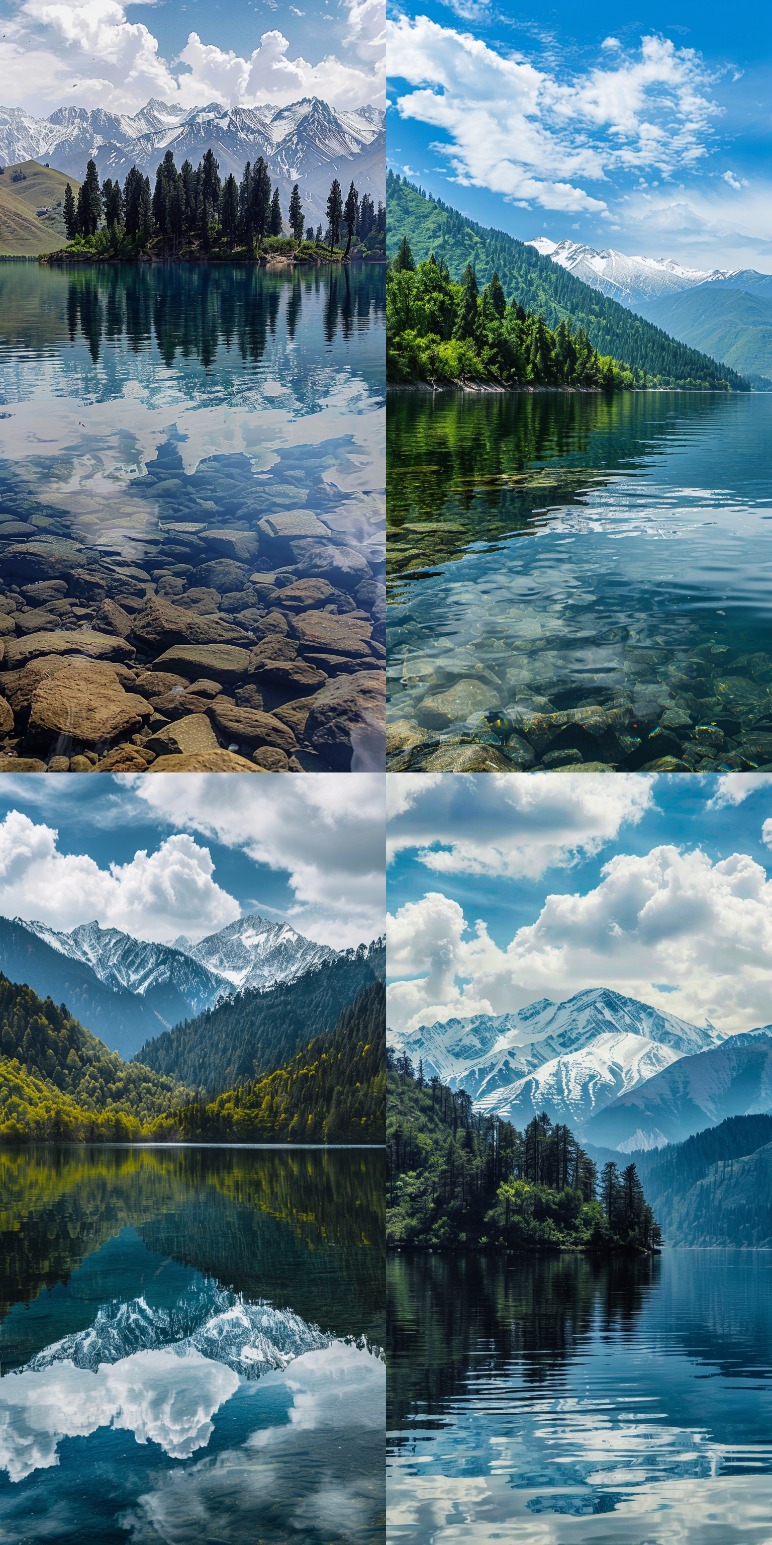 新疆喀纳斯湖，雪山远景，针叶林近景，壮丽风光，全景视角，广角镜头，自然光线，深绿色调，宁静氛围，高山湖泊，森林茂密，天空湛蓝，湖水清澈，层次感强。