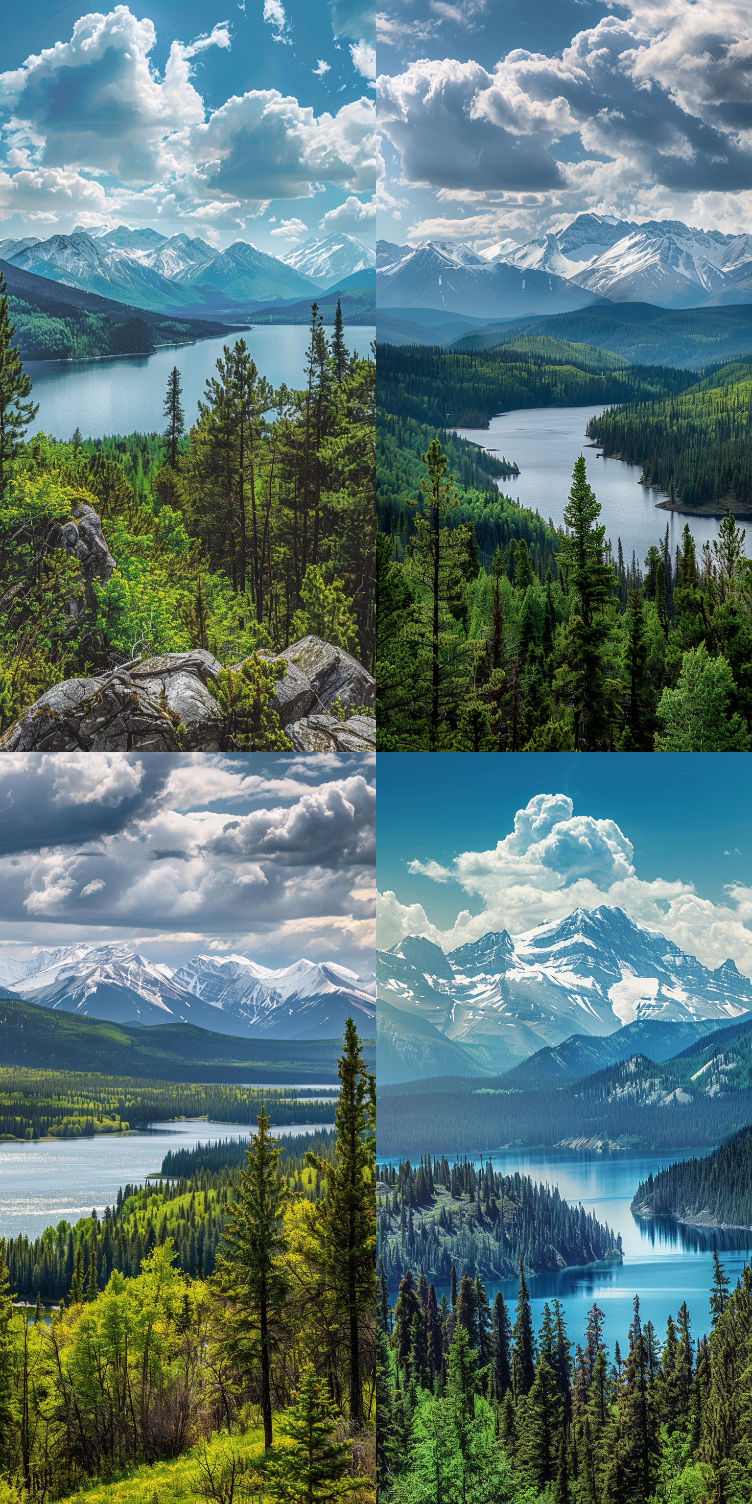 喀纳斯湖全景，远处雪山，近处针叶林，壮丽风光，广角镜头，全景构图，高分辨率，自然光线，深绿色调，宁静，宏伟。