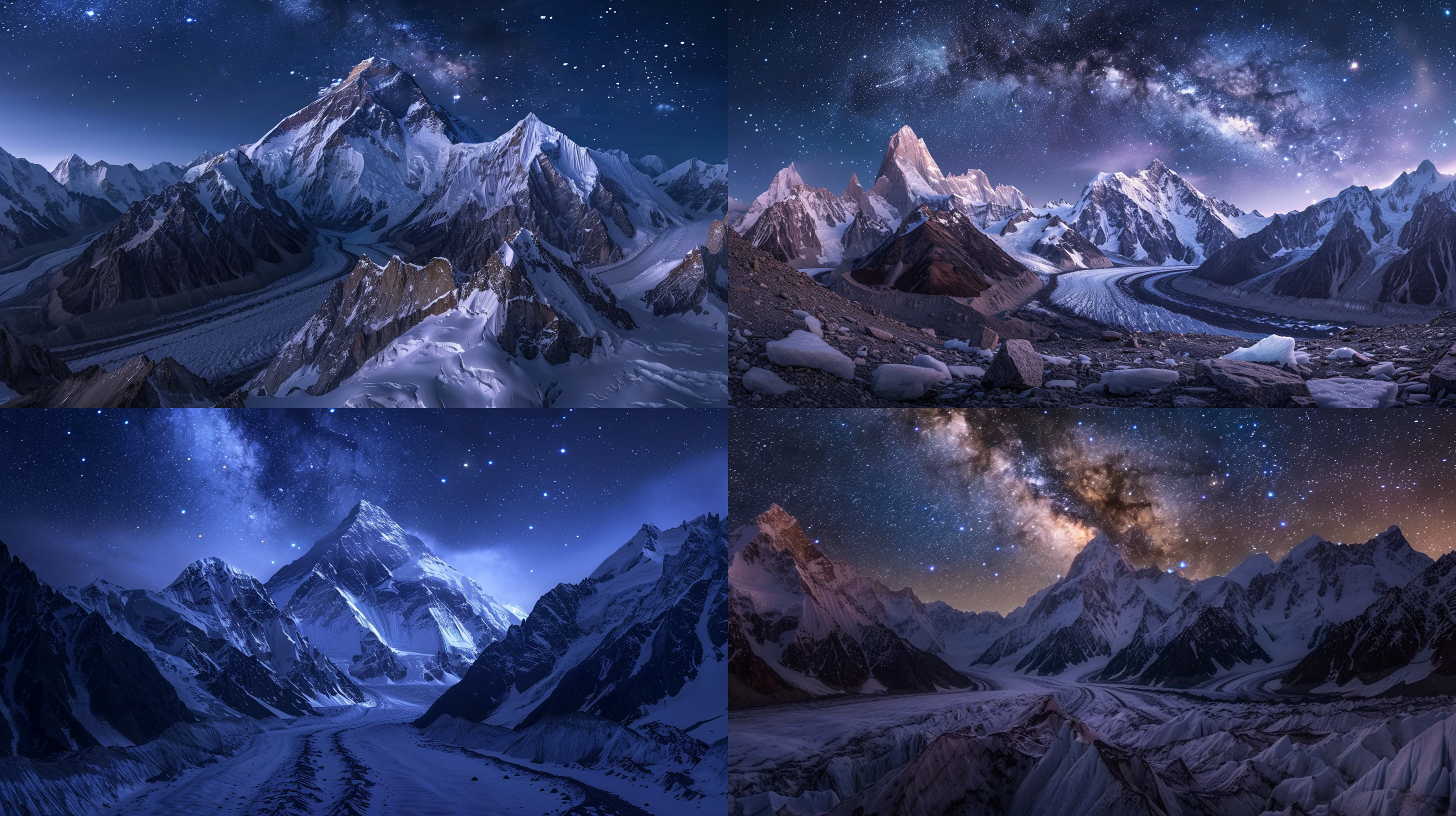 乔戈里峰夜景，空中银河，远景雪山，近景冰川，壮丽景色，全景视角，广角镜头，宁静氛围，深蓝色调，星光闪烁，冷光，高海拔，冰晶反射，自然光线，宏伟壮观。