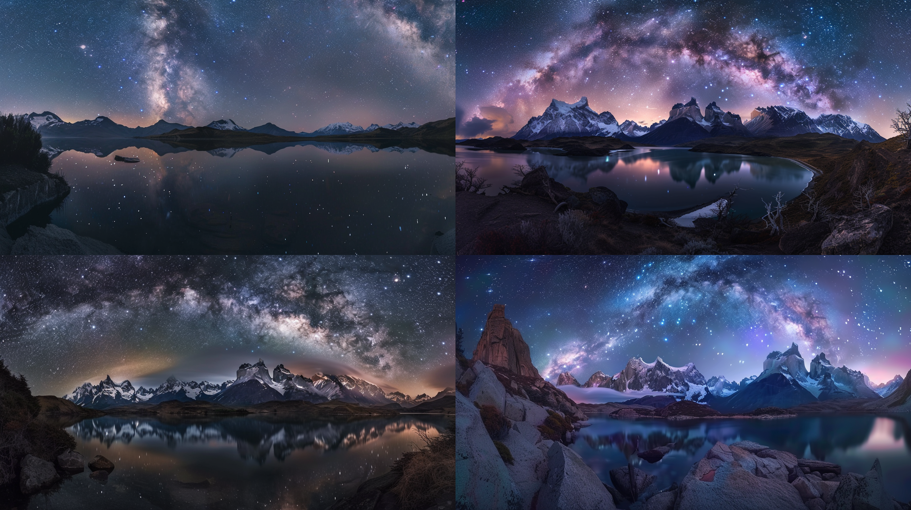 巴塔哥尼亚，夜景，空中银河，壮丽景色，全景视角，广角镜头，宁静氛围，低光，长曝光，山脉，湖泊，反射，宁静，神秘。