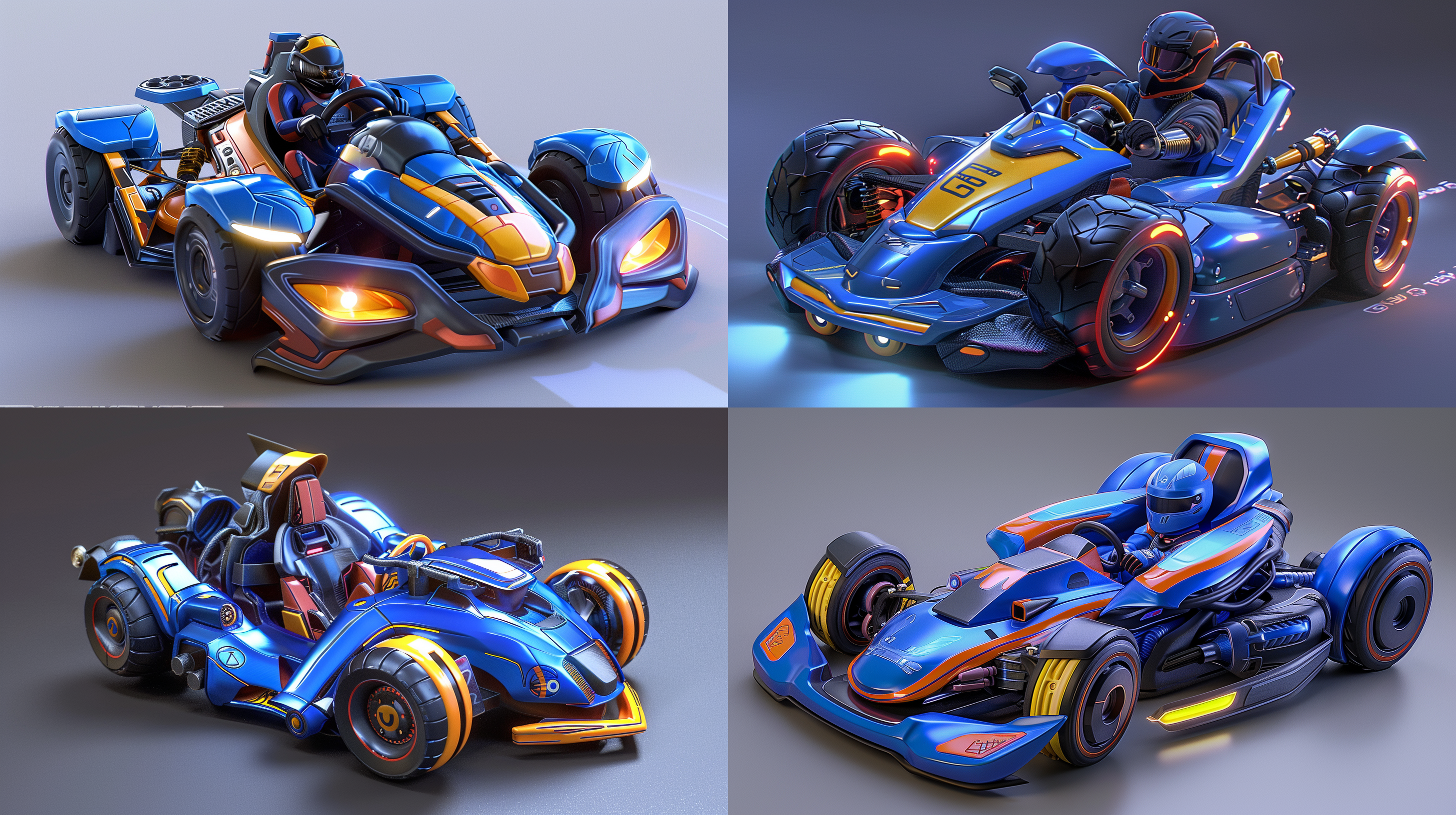 卡丁车，抛光质感，反光效果，炫光灯条，平视全身，欧美卡通，皇室战争风格，皮克斯风格，泡泡玛特设计，卡通3d，4k画质，真实光影，温暖色调，高光，柔和阴影，欢乐，高质量，纯白色背景，细节丰富，色彩鲜艳，动态感，立体感，明亮，清晰，创意，想象力。