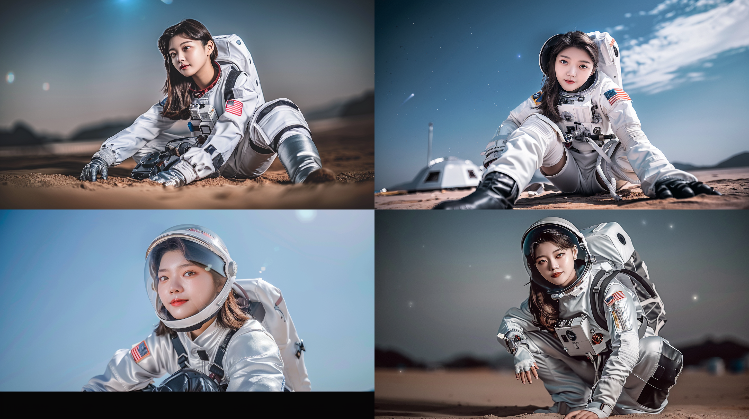 一位宇航员美女在火星表面探索，穿着银色宇航服，头盔透明，表情专注，手持探测仪器，火星地表红色沙砾，远处有火星车和基地，天空呈现深蓝色，星辰点缀。宇航员探索，火星表面，银色宇航服，透明头盔，专注表情，红色沙砾，深蓝天空，星辰点缀，广角镜头，自然光，细节丰富，科技感，探险精神。 开心 极简 高调照明 黑白 低角度 全身 冰山 开心 极简 高调照明 黑白 低角度 全身 冰山