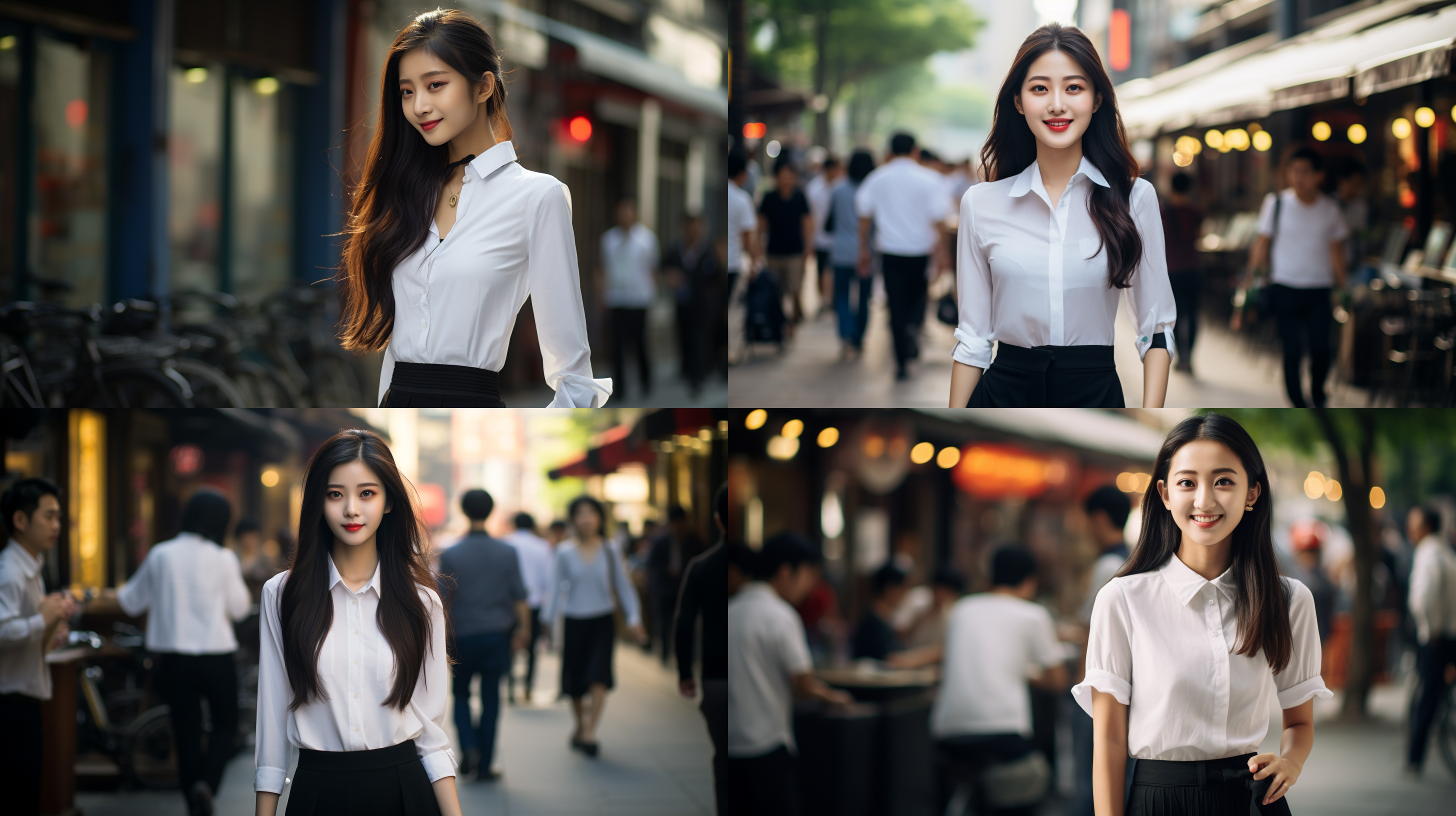 中国女孩，高挑身材，白色衬衫，黑色短裙，丝袜高跟鞋，黑长发，自信微笑，单手叉腰，樱桃小嘴，瓜子脸，大眼睛，双眼皮，柳叶眉，漂亮耳坠，时尚风格，繁华街道，街头摄影，自然光，广角镜头，高对比度，鲜艳色彩，动态捕捉，自信姿态，都市风情。