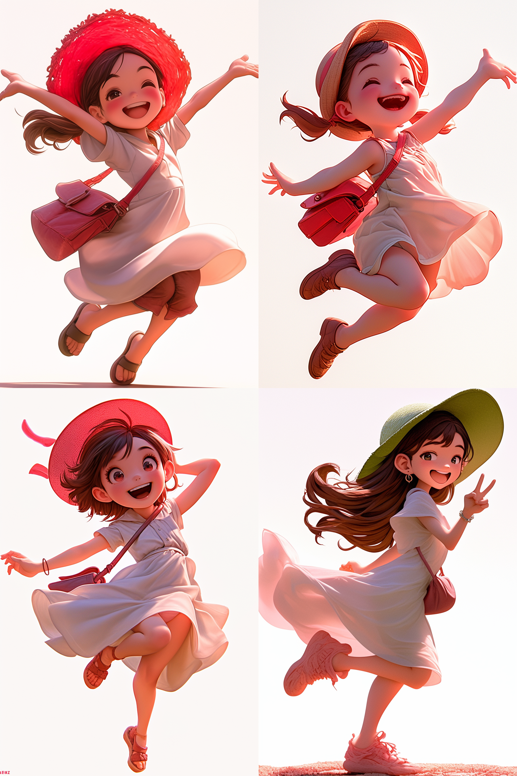 女孩踢毽子，夏日服装，全身照，背景白色，轻盈动作，自然光线，中长焦镜头，动态模糊，清新色彩，快乐表情。