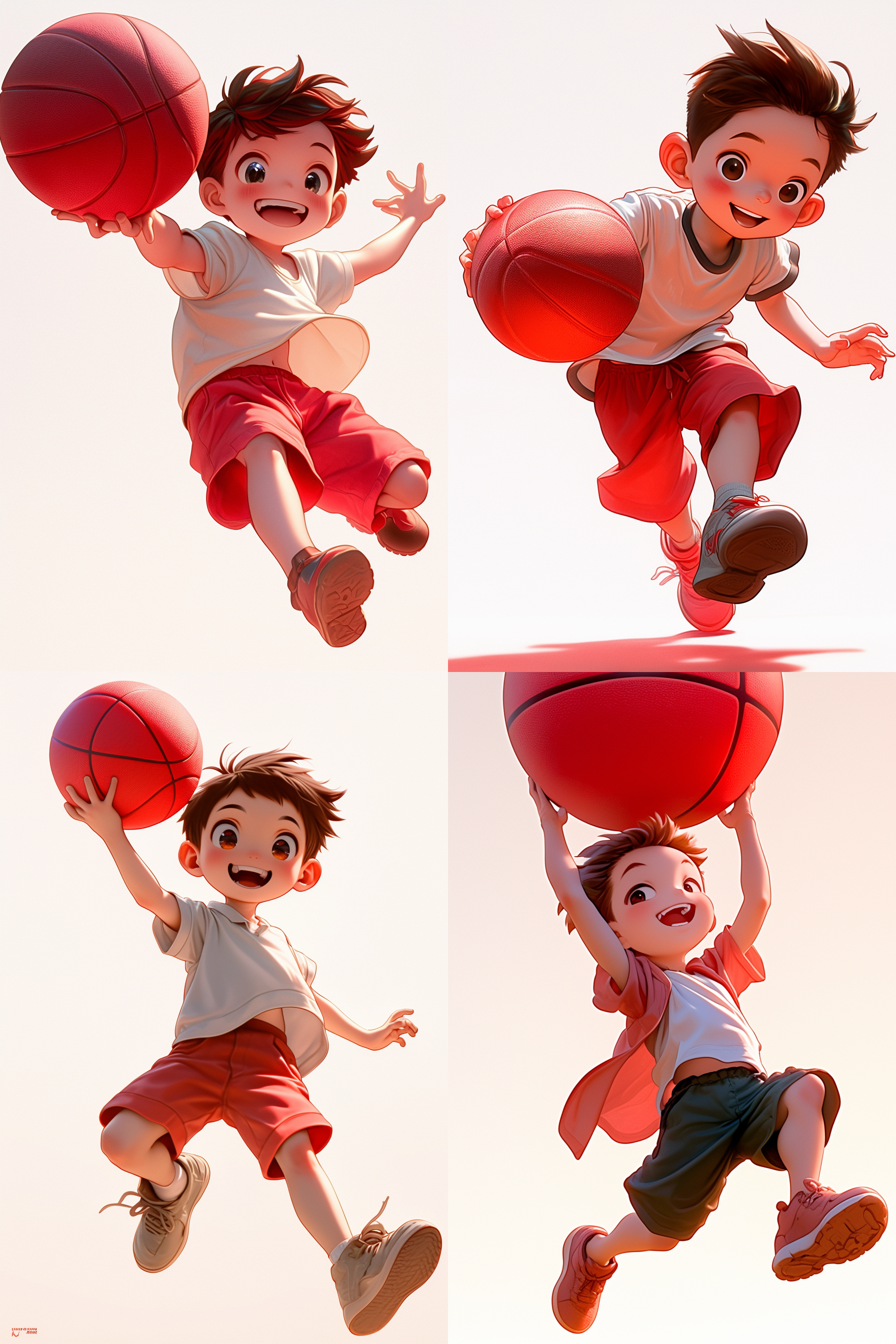 男孩打篮球，全身照，夏天服装，白色背景，动态姿势，高饱和度，广角镜头，正面光，快速快门，活力，运动感。