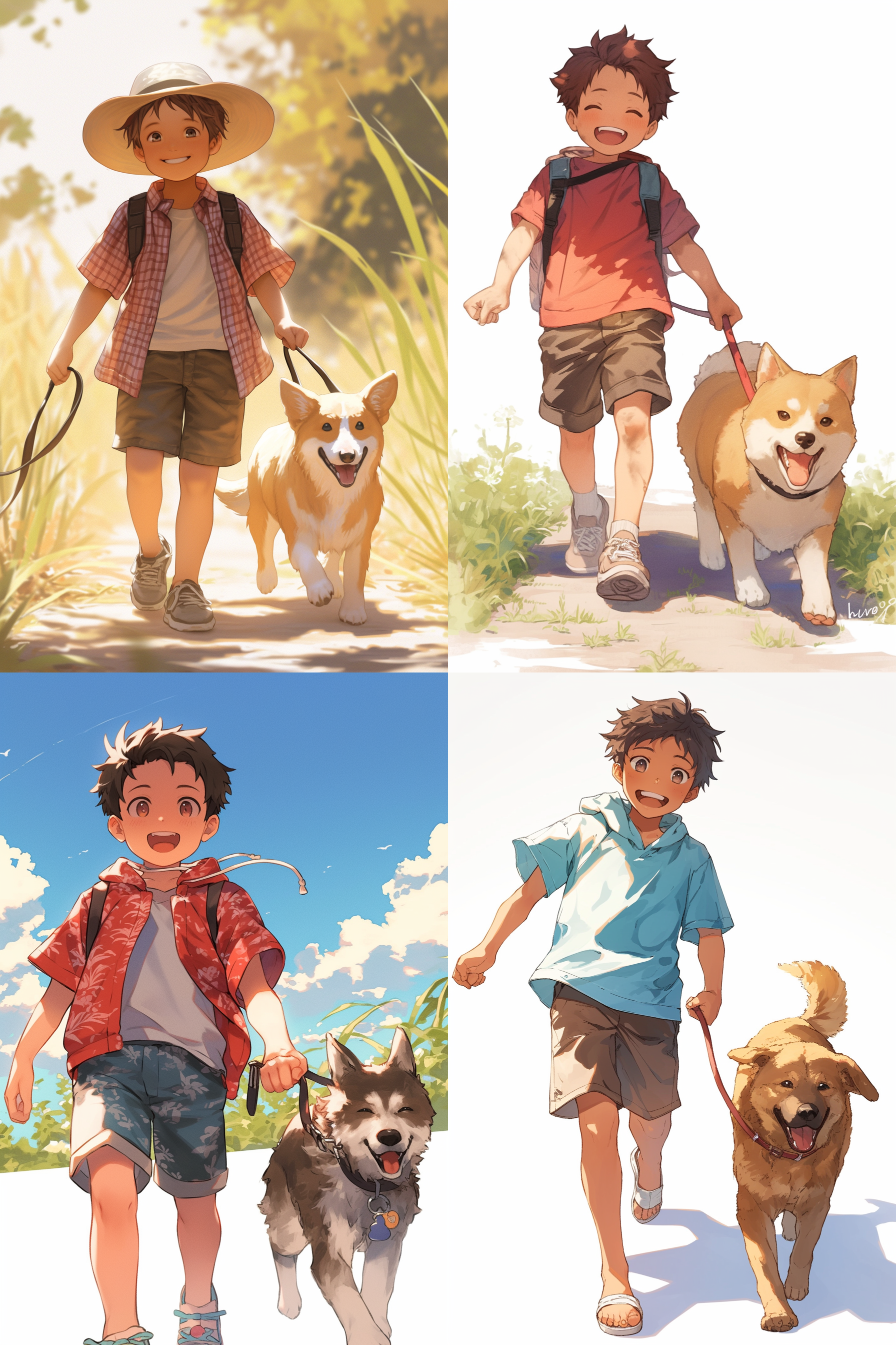 小男孩遛狗，全身照，夏天服装，白色背景，自然光，正面视角，广角镜头，清晰细节，轻松表情，鲜艳色彩，快乐氛围，自然环境，轻松动作，明亮光线，鲜艳色彩，快乐情绪。