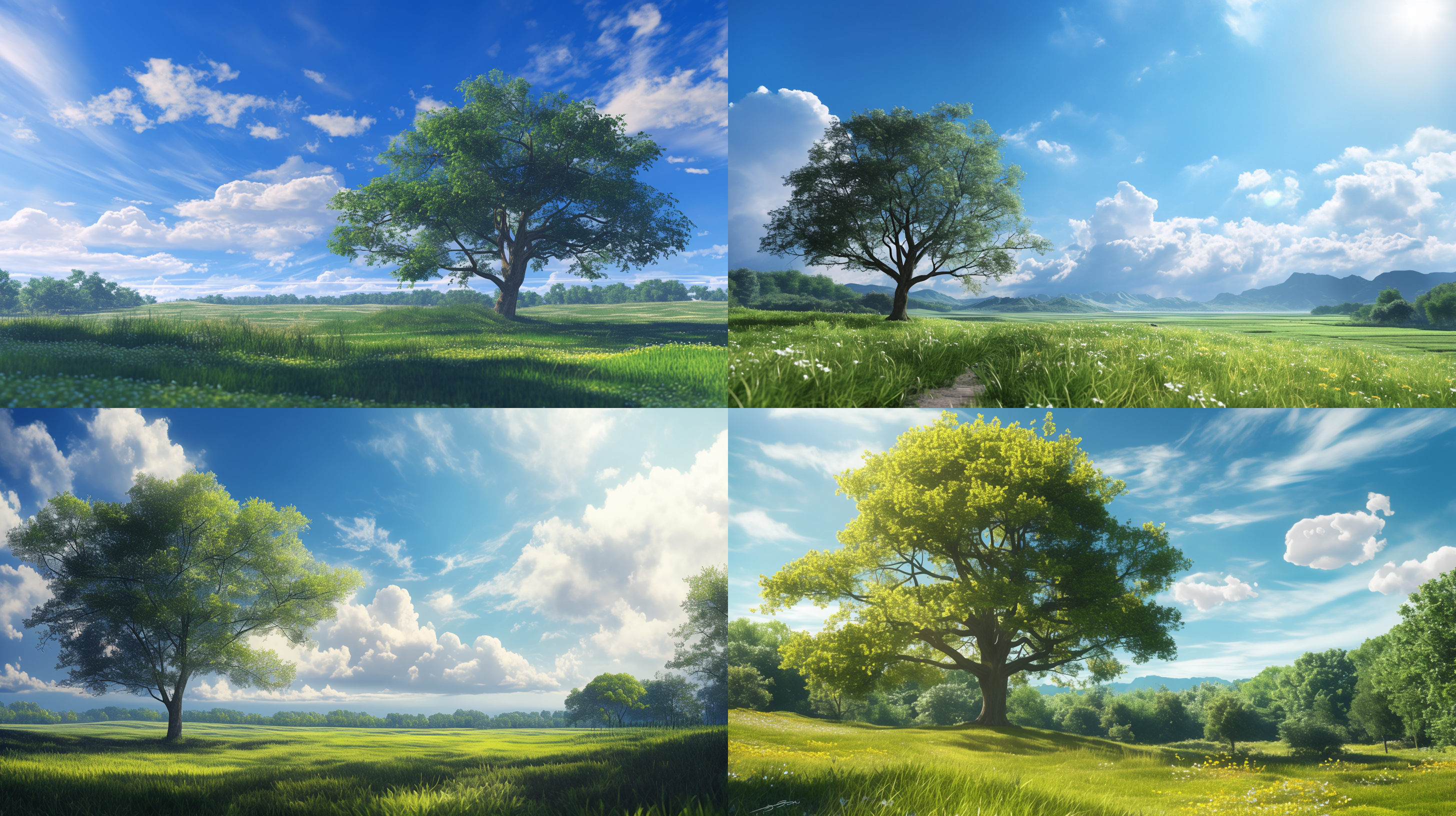 大树草地蓝天白云，3d写实，自然场景，广角镜头，高分辨率，晴天，柔和光线，宁静，生机勃勃，绿色蓝色。