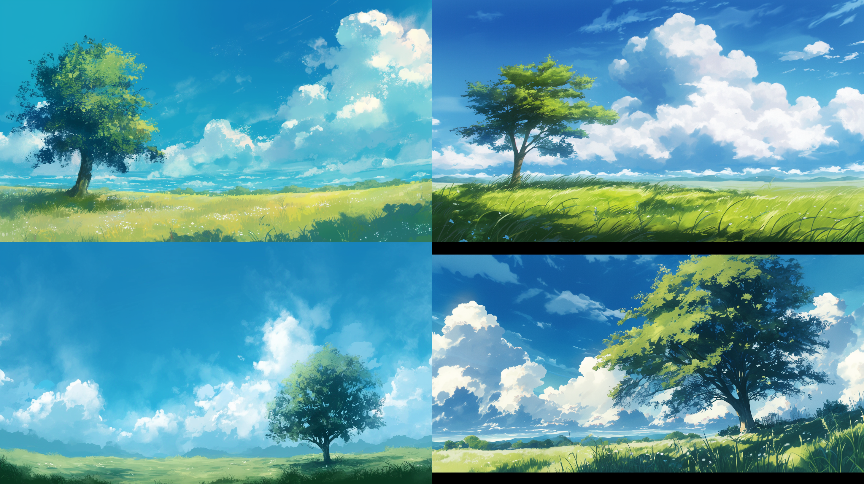 大树草地白云蓝天，插画风格，简洁场景，自然环境，广角镜头，柔和光线，静态画面，绿色蓝色调，宁静安详。