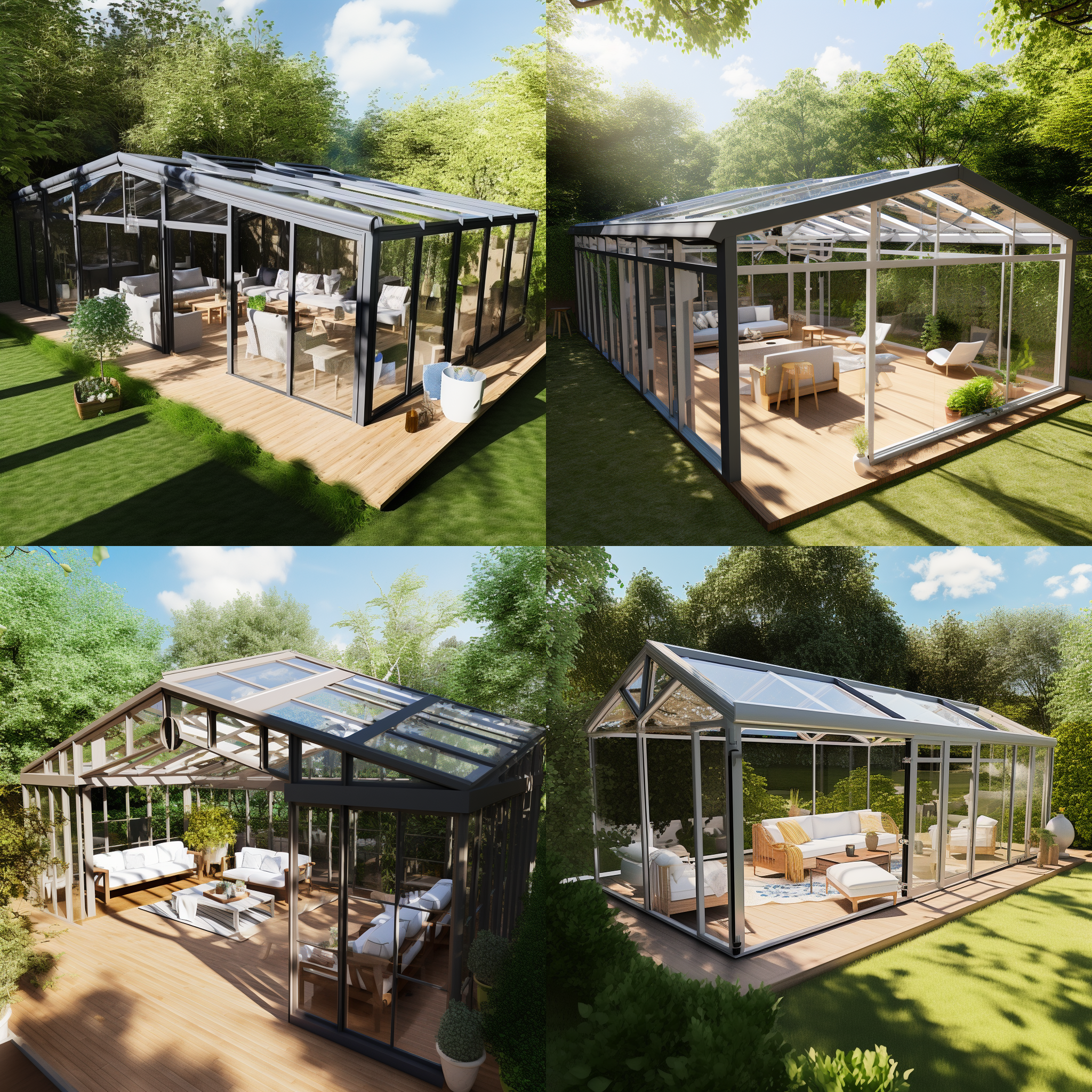 夏日中午，树木环绕的花园，草地上的玻璃阳光房，内部有沙发，几个人闲聊，自然光线，蓝色天空，广角镜头，明亮色调，室外环境，侧光，轻松氛围，绿色植物，蓝色天空，愉悦表情。