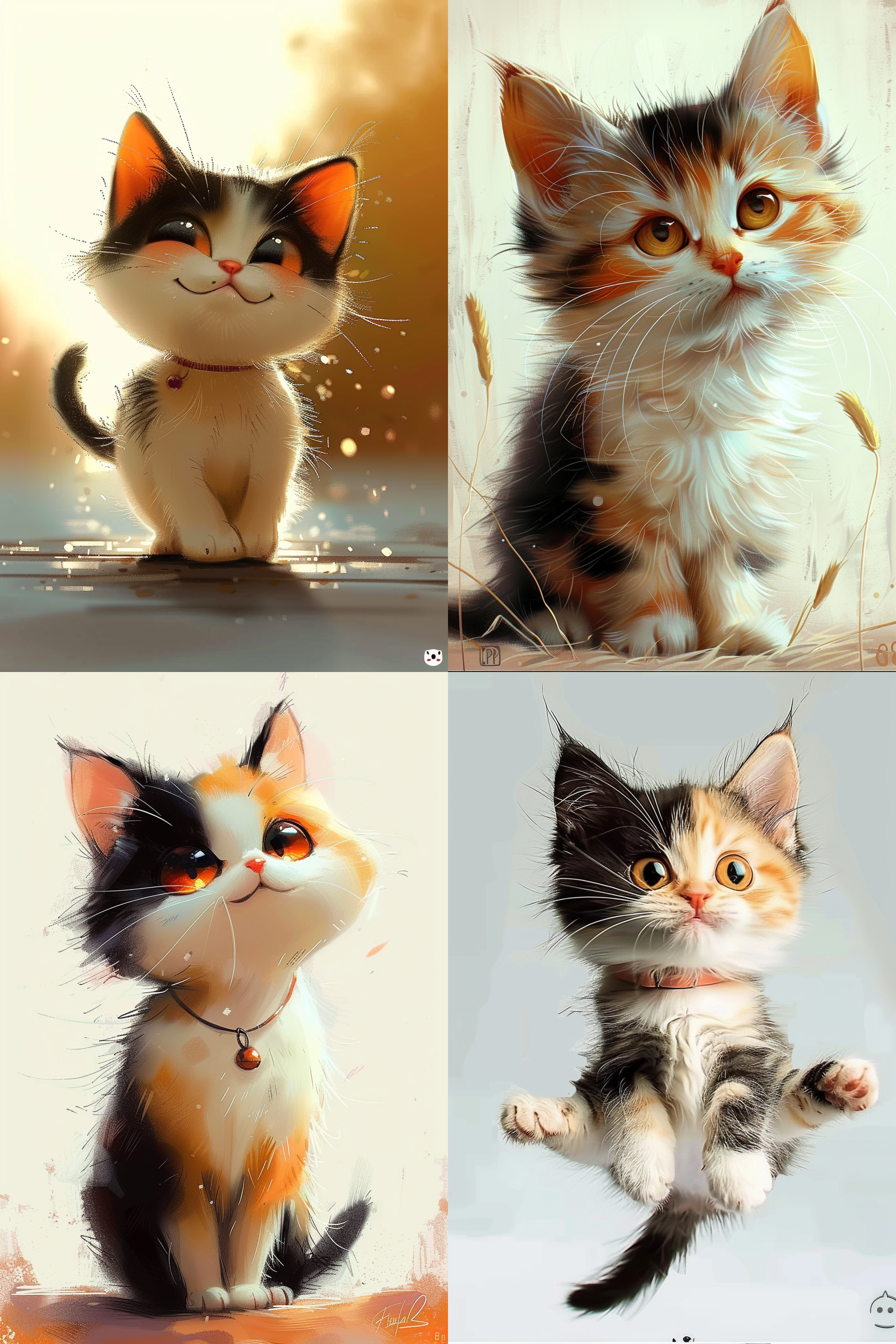 跳舞的小猫咪，黄白色，琥珀色眼睛，表情开心，扁平插画，油画质感，简洁背景，高清8k，可爱活泼表情，对称构图，柔和光线，无阴影，明亮色彩，温馨氛围。