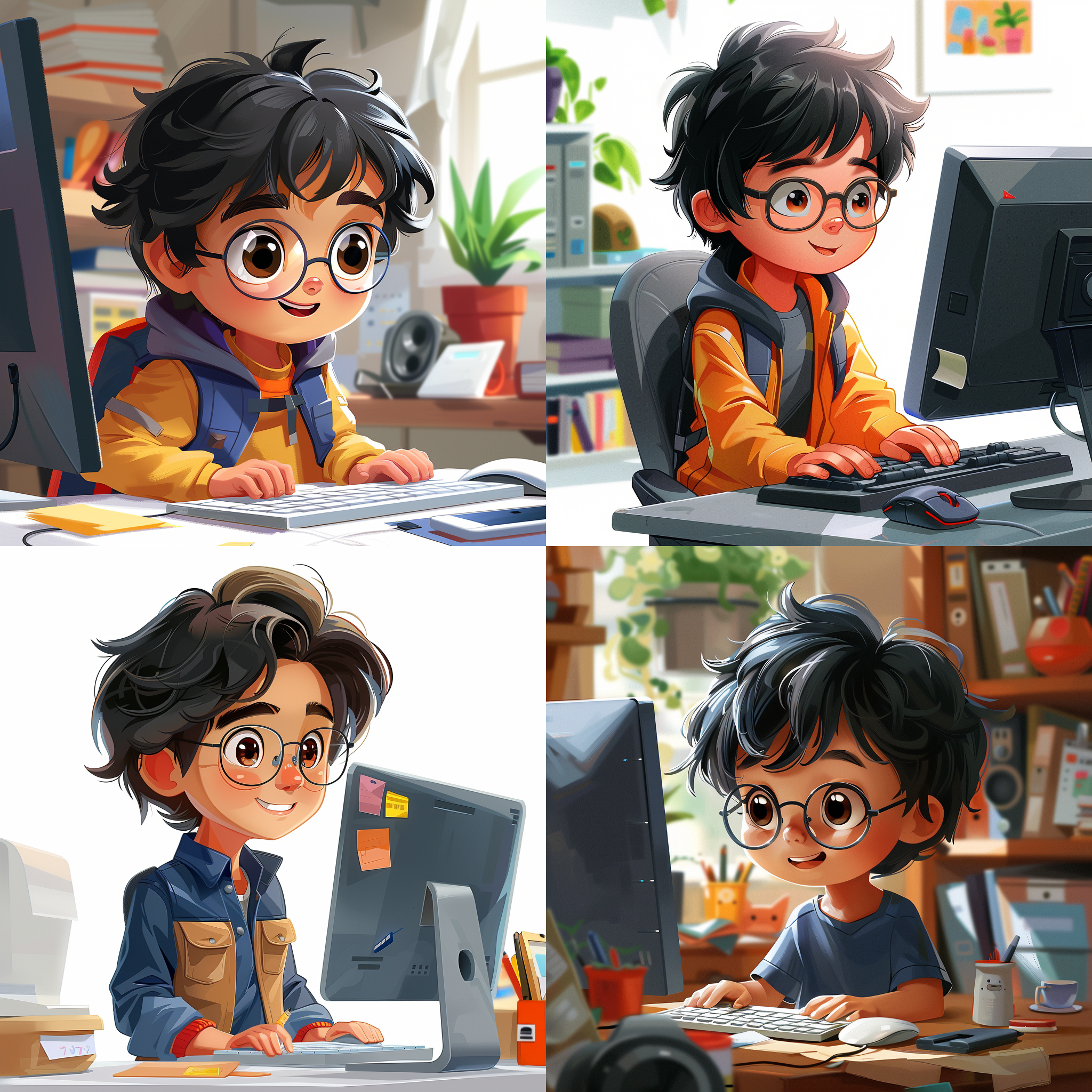 卡通头像，男生，电脑前工作，鼠标键盘，黑色短发，眼镜，认真表情，扁平插画，无阴影，蓝色短袖，等距构图，高清4k，高质量细节，简洁线条，明亮色彩，专注氛围，数字艺术，现代风格，室内环境，电子设备，创意工作，技术感，年轻男性，桌面视角，平面设计，无透视，清晰边缘，无纹理，冷静色调，专业态度。 扁平风格