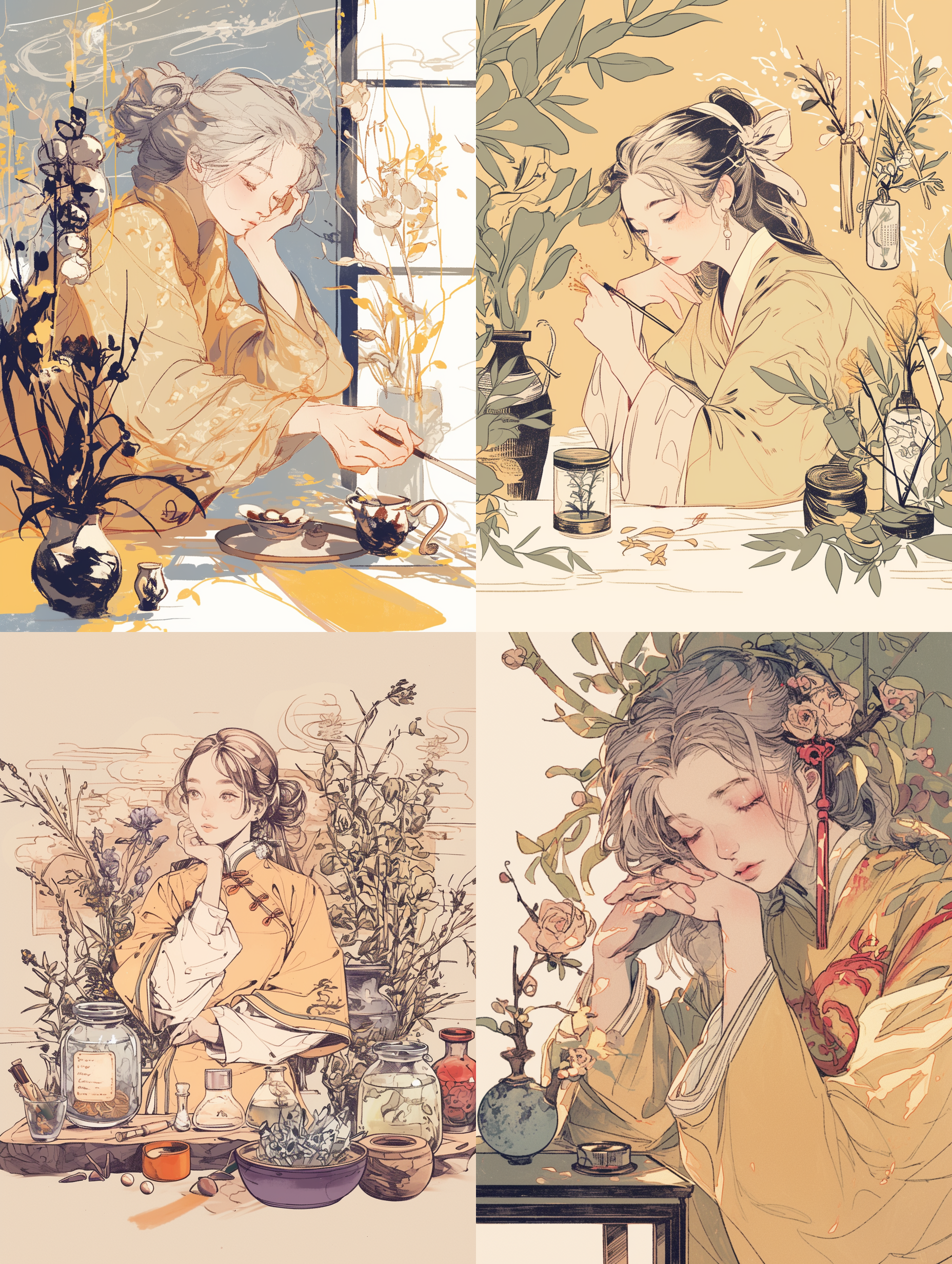 中草药，线稿，速写风格，中心构图，画面简洁，明亮色彩，素描效果，纹理丰富，自然光线，手绘感，静态。