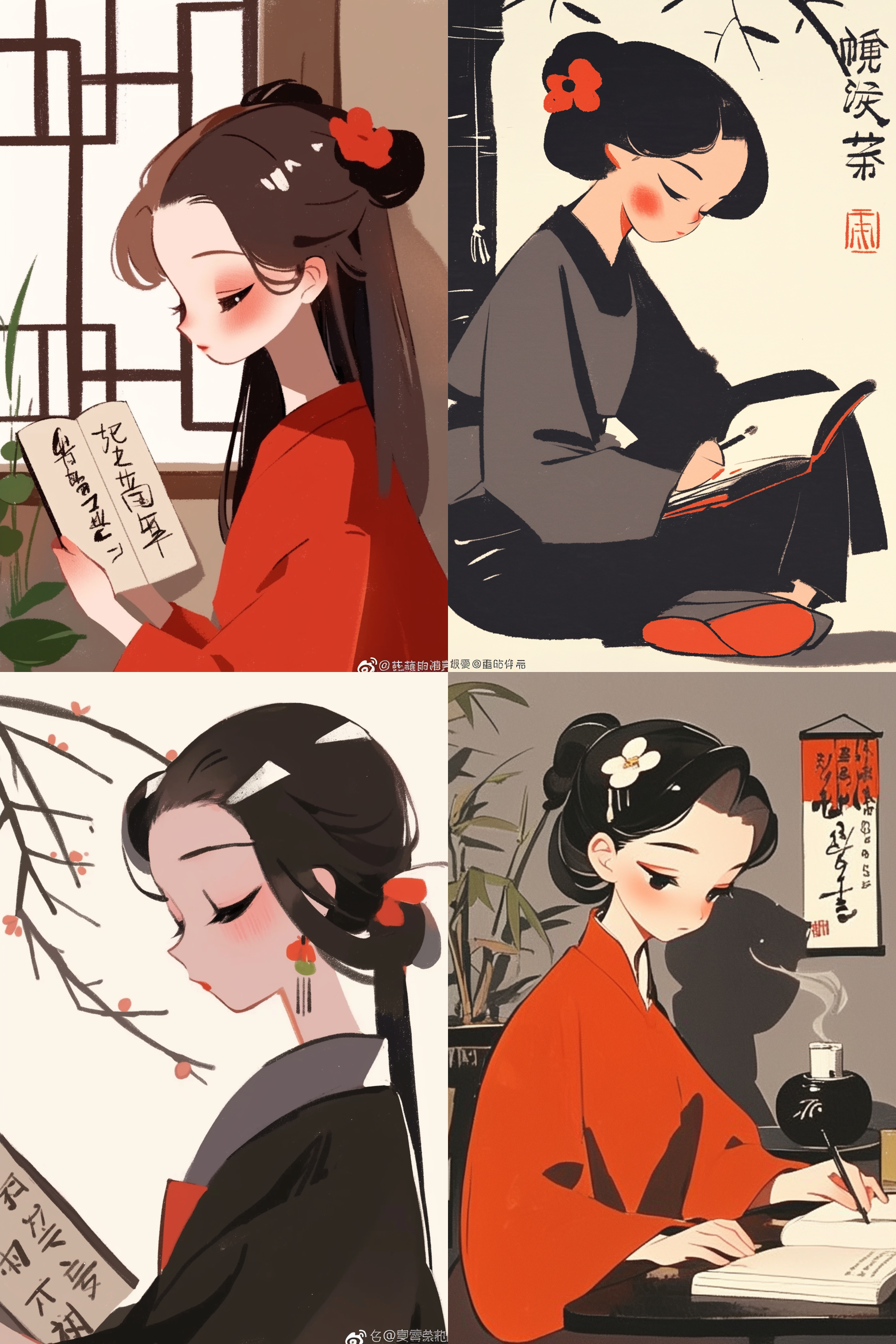 穿汉服的女子在读书