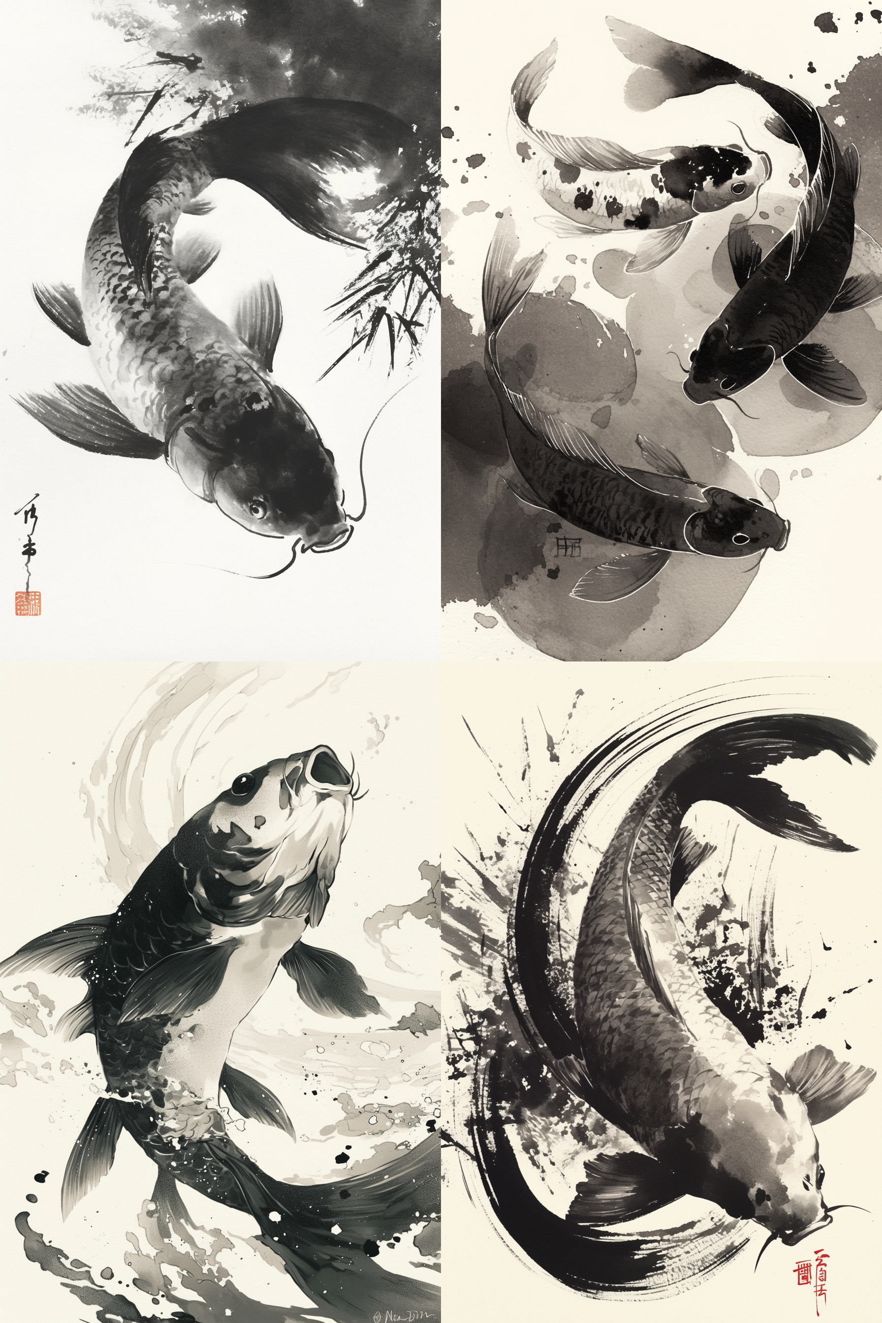 锦鲤在水里游，欢快，水墨风