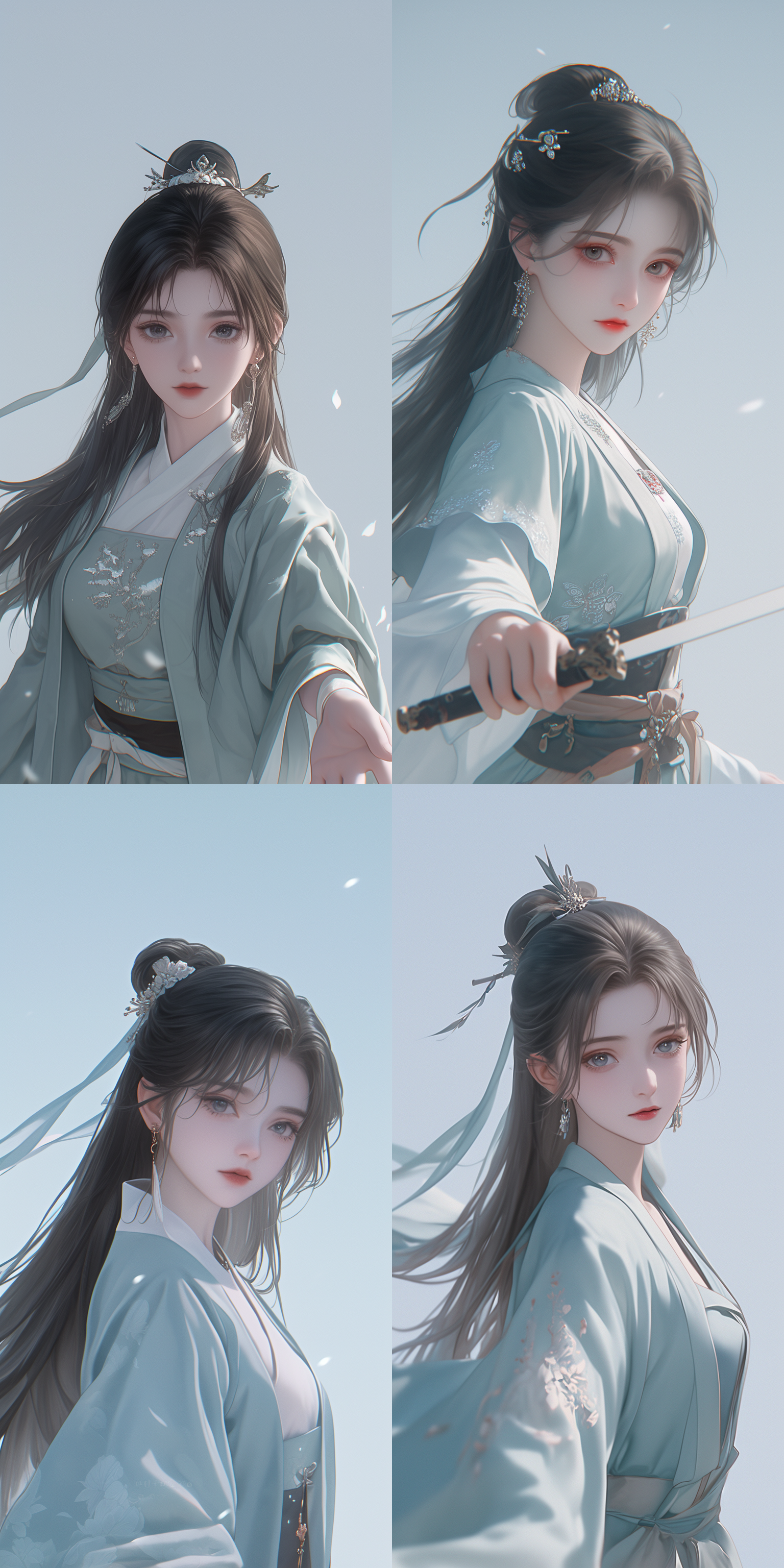 中国风古典美女，绝美五官，仪态万千明媚妖娆，束发，古装淡青色撒花五彩花草纹样素面杭绸圆领偏襟华衣，细膩细节，线条清晰，古风，古典建筑，白晰的肌肤，超清画质，自然光，正脸看我，超现实，俯视镜头，向我伸手，全身，动态光影，光角镜头