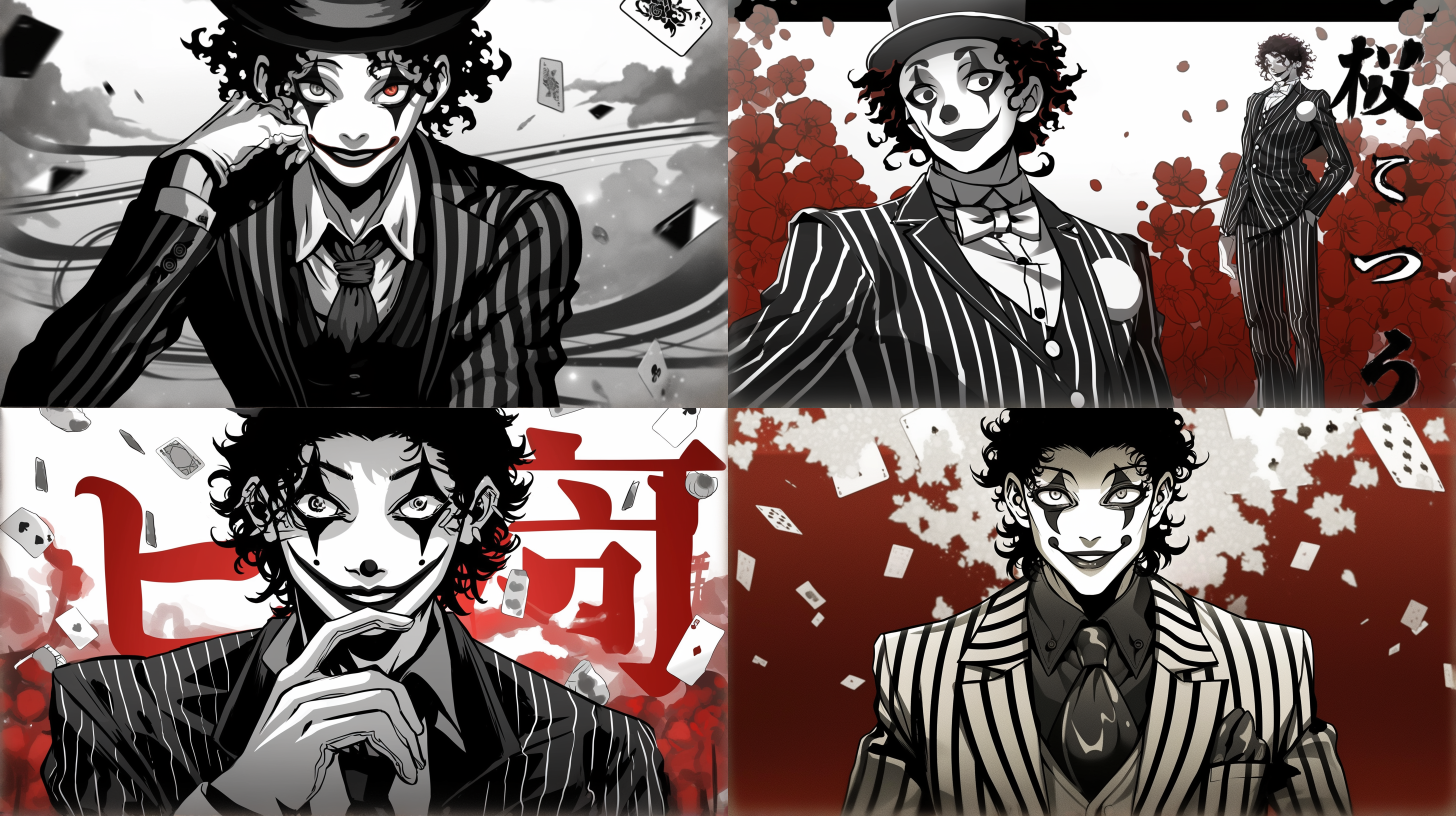 卡通小丑，脸谱面具，表情微笑，穿西装，帅气干净不阴暗，单张梅花j扑克牌铺满背景，正面朝向，全身