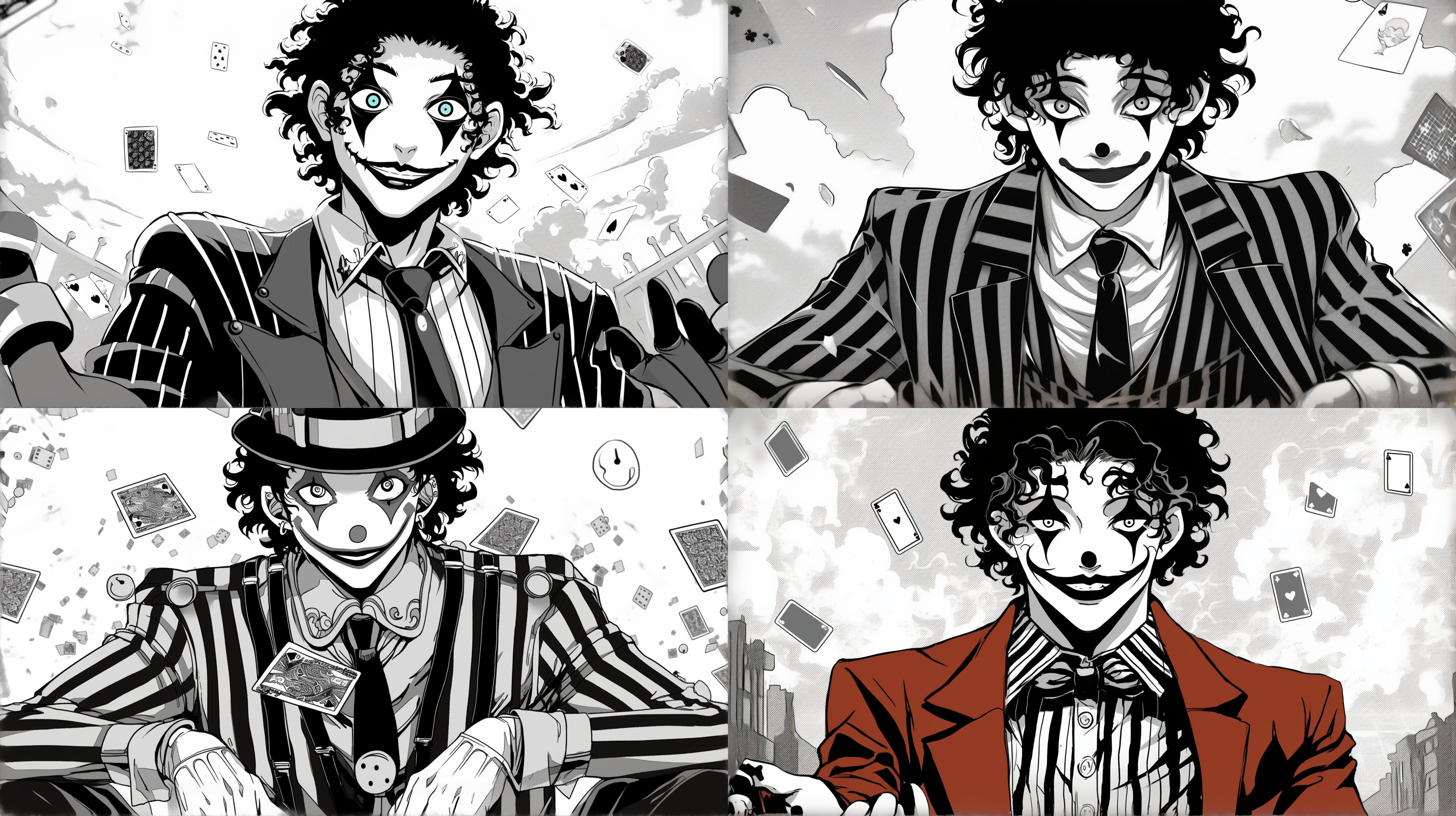 卡通小丑，脸谱面具，表情微笑，穿西装，帅气干净不阴暗，单张梅花j扑克牌铺满背景，色彩丰富，正面朝向，全身