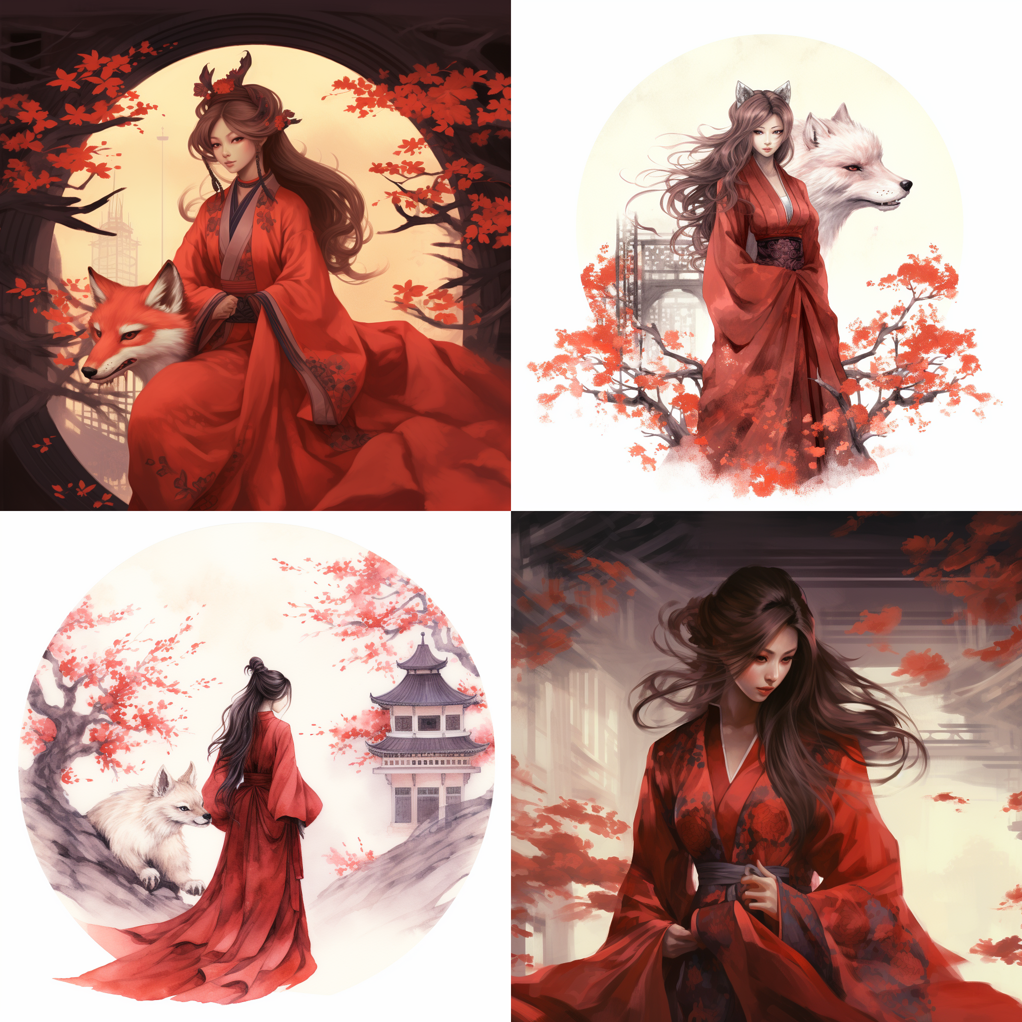 狐仙穿深红色旗袍，江南风格，优雅站立，眼神神秘，长发飘逸，背景为古典园林，水墨画风，长焦镜头，柔和光线，静态，神秘感，深红色调，优雅。