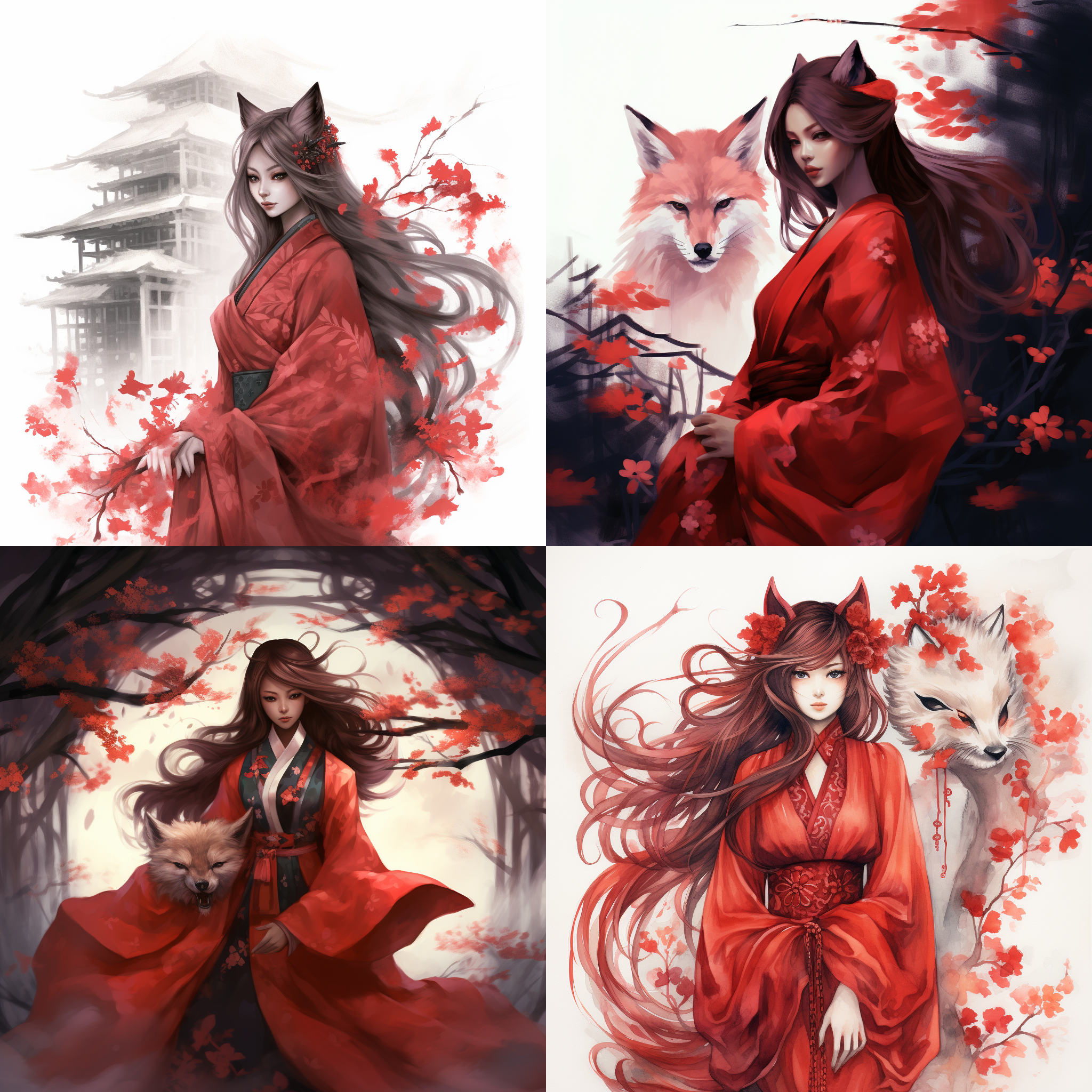 狐仙穿深红色旗袍，江南风格，优雅站立，眼神神秘，长发飘逸，背景为古典园林，水墨画风，长焦镜头，柔和光线，静态，神秘感，深红色调，优雅。