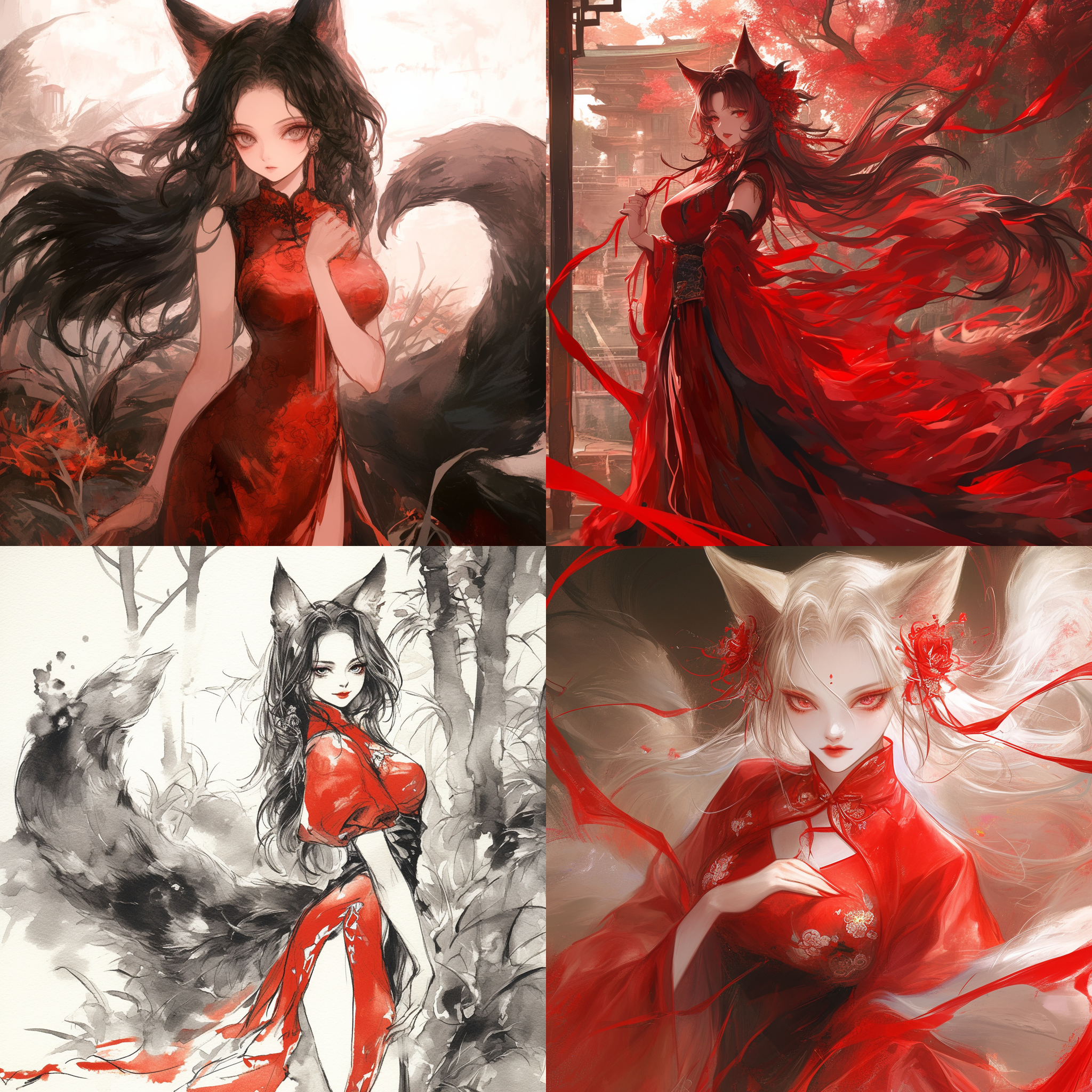 狐仙穿深红色旗袍，江南风格，优雅站立，眼神神秘，长发飘逸，背景为古典园林，水墨画风，长焦镜头，柔和光线，静态，神秘感，深红色调，优雅。