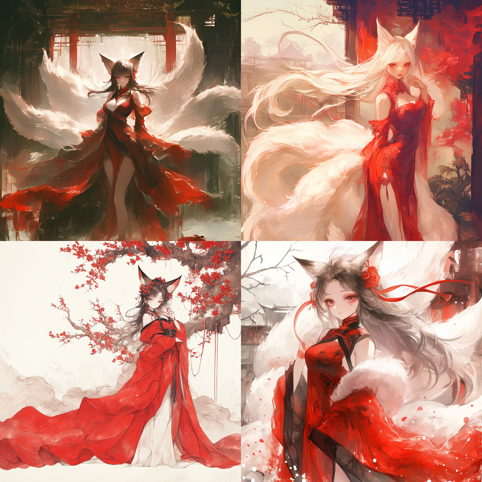 狐仙穿深红色旗袍，江南风格，优雅站立，眼神神秘，长发飘逸，背景为古典园林，水墨画风，长焦镜头，柔和光线，静态，神秘感，深红色调，优雅。