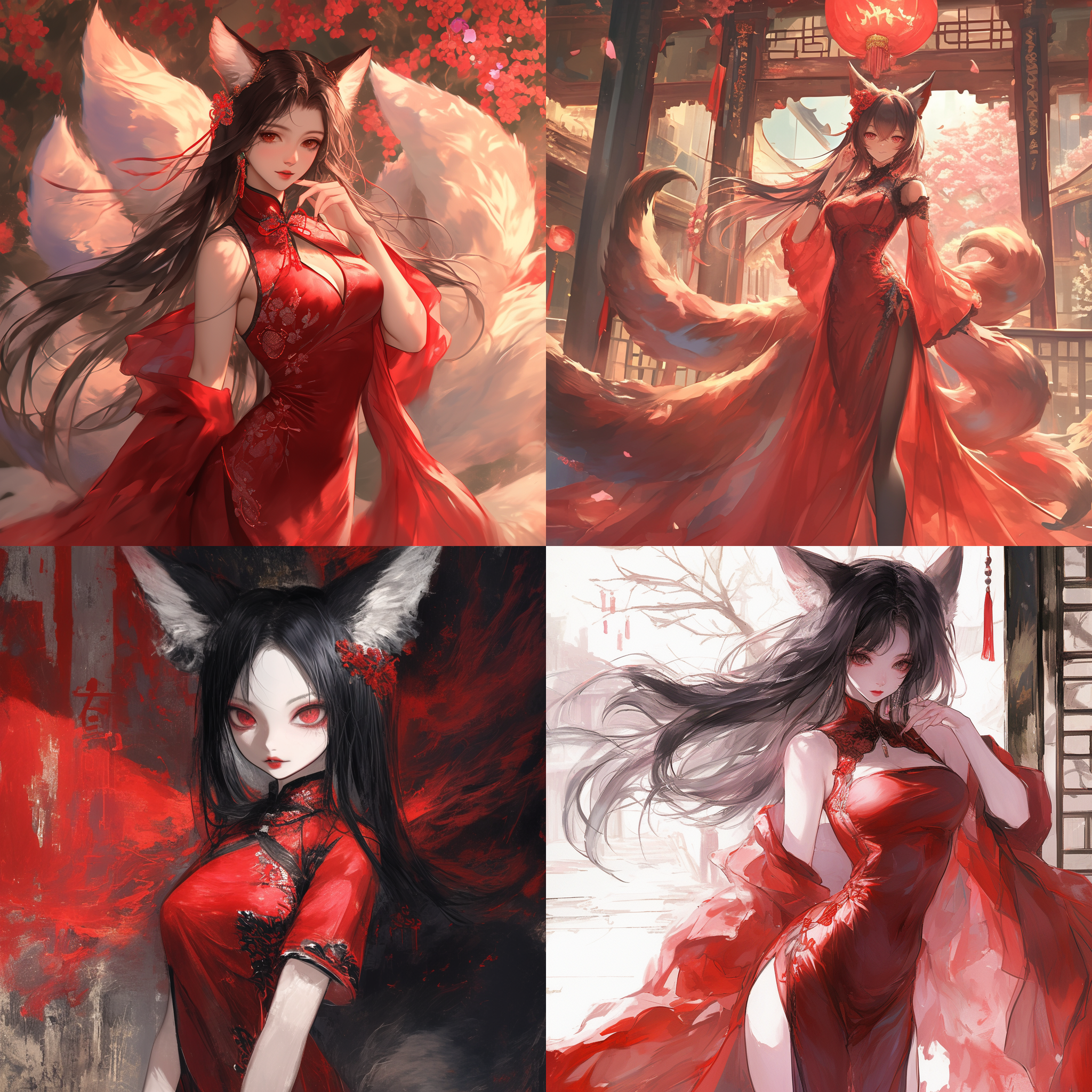 狐仙穿深红色旗袍，江南风格，优雅站立，眼神神秘，长发飘逸，背景为古典园林，水墨画风，长焦镜头，柔和光线，静态，神秘感，深红色调，优雅。