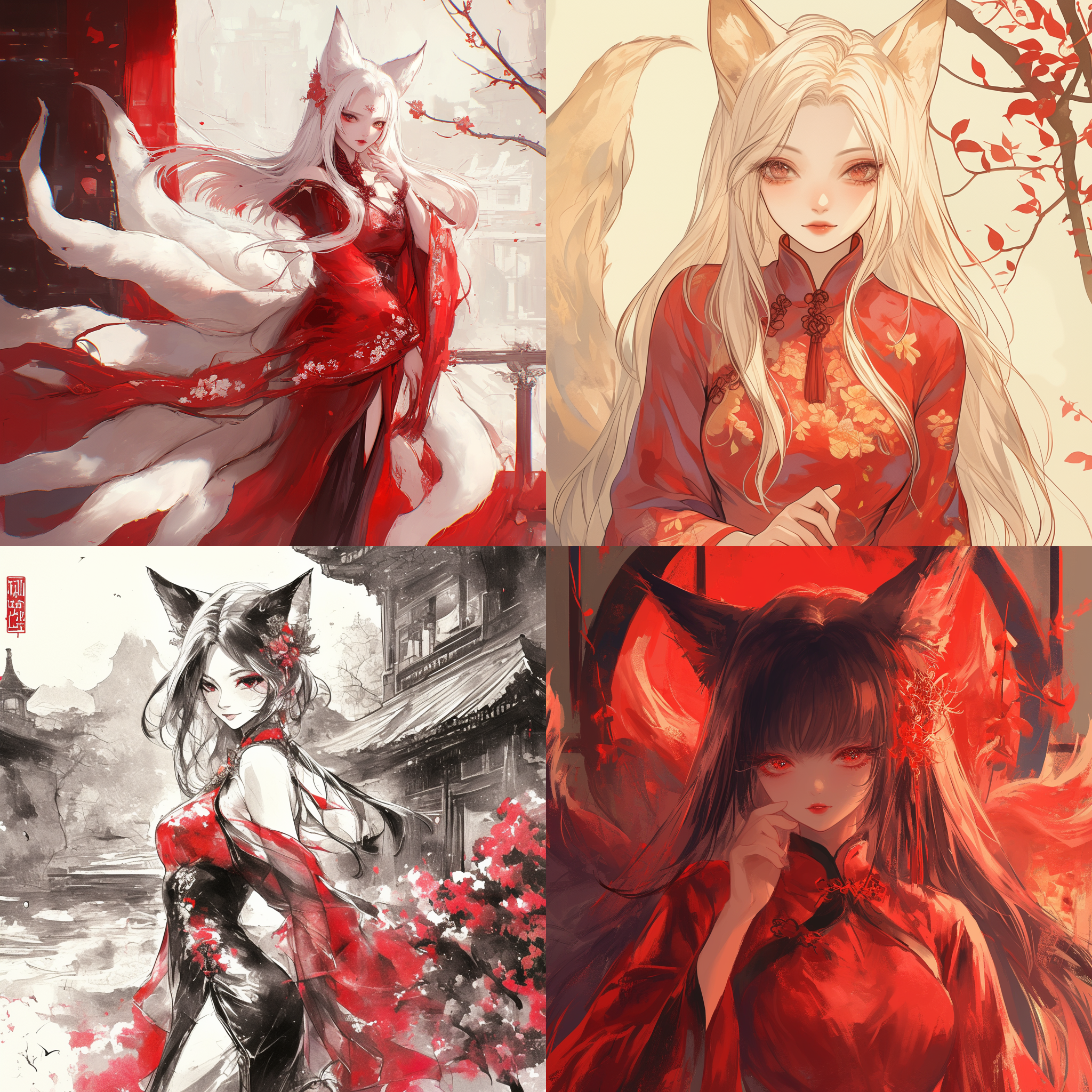 狐仙穿深红色旗袍，江南风格，优雅站立，眼神神秘，长发飘逸，背景为古典园林，水墨画风，长焦镜头，柔和光线，静态，神秘感，深红色调，优雅。