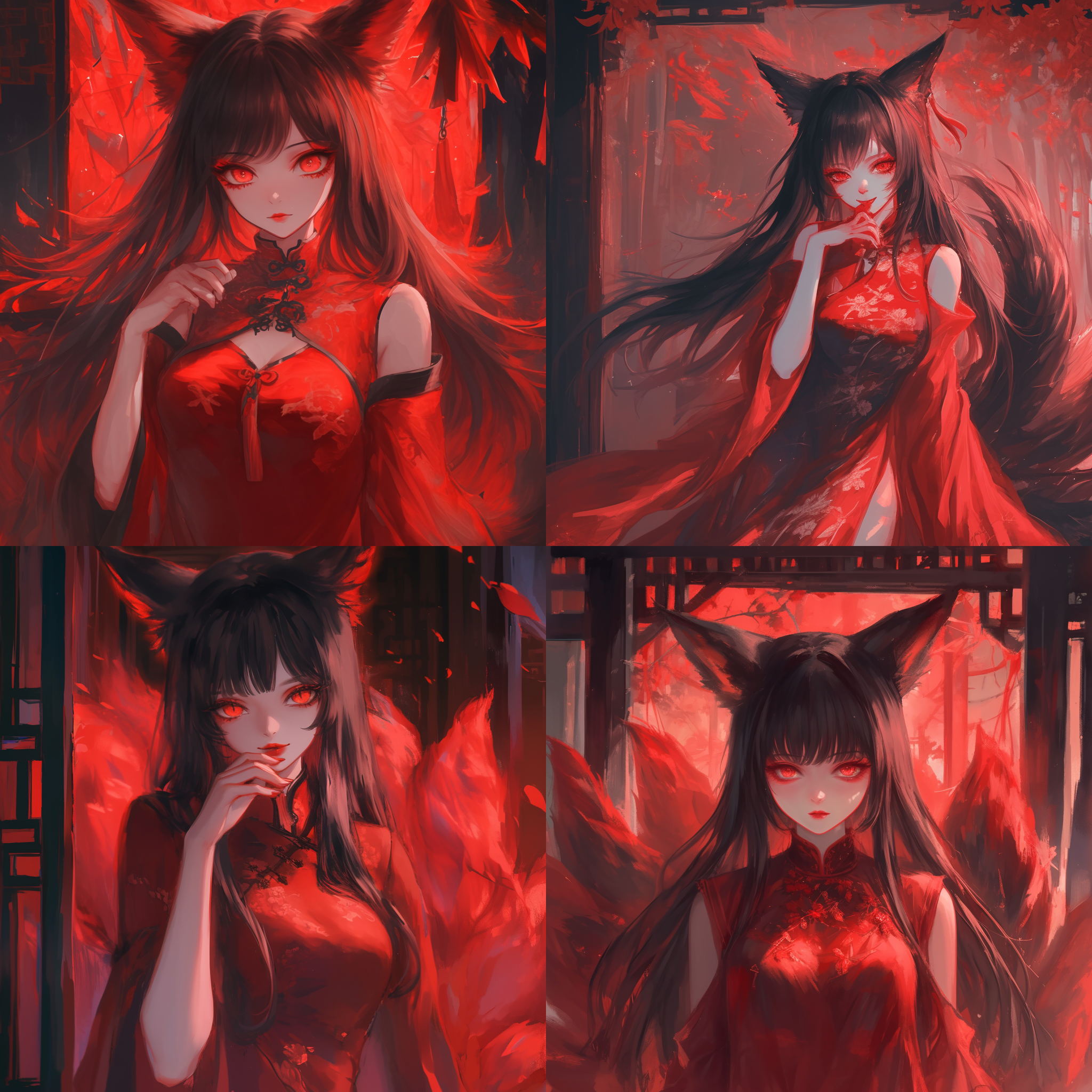 狐仙穿深红色旗袍，江南风格，优雅站立，眼神神秘，长发飘逸，背景为古典园林，水墨画风，长焦镜头，柔和光线，静态，神秘感，深红色调，优雅。