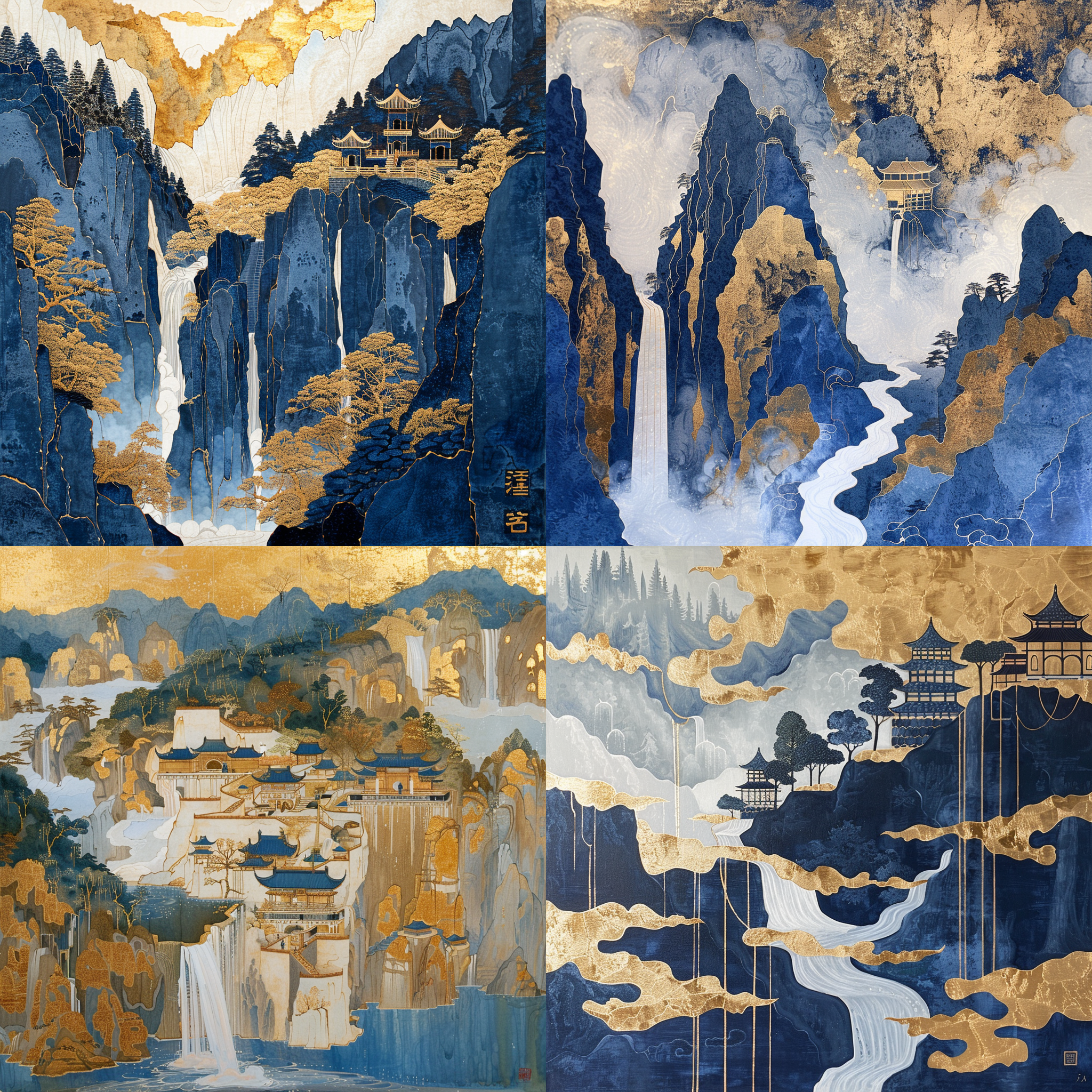 南方山水画风，白色矿物背景，蓝金色，长江，瀑布，cfa voysey风格，极简细节，鸟瞰视角，佛教艺术与建筑，3:4比例，低质量，原始风格，高风格化，版本6.0。